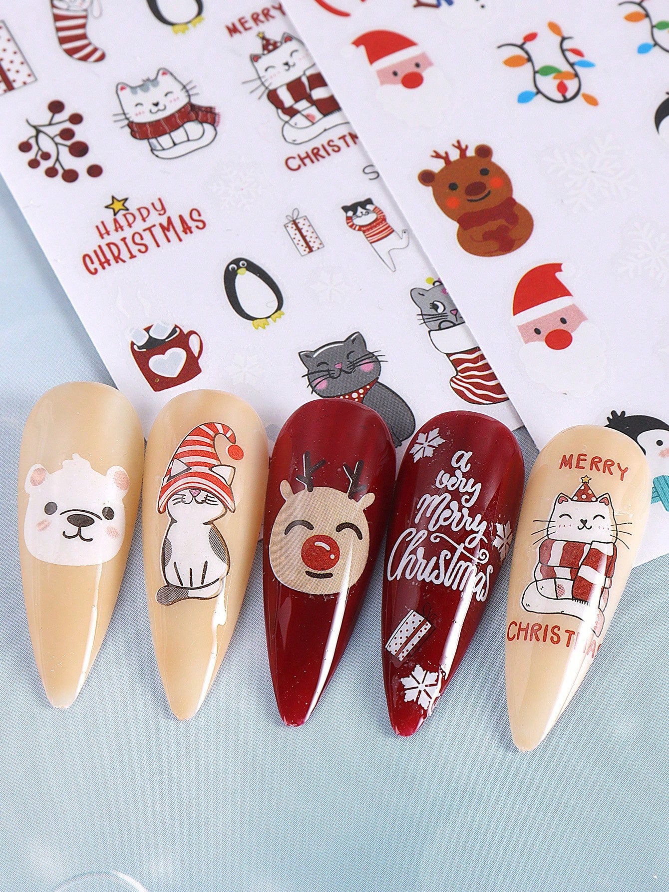 3D Christmas Nail Stickers 2/5 Sheets Cartoon Santa Elk Neon Lamp Penguin Snowflake Snowman Car Tree Bird Holly Berry Flower Leaf DIY Winter Xmas Self-Adhesive Gel Polish Decal Sliders Cute Nail Art Decoration