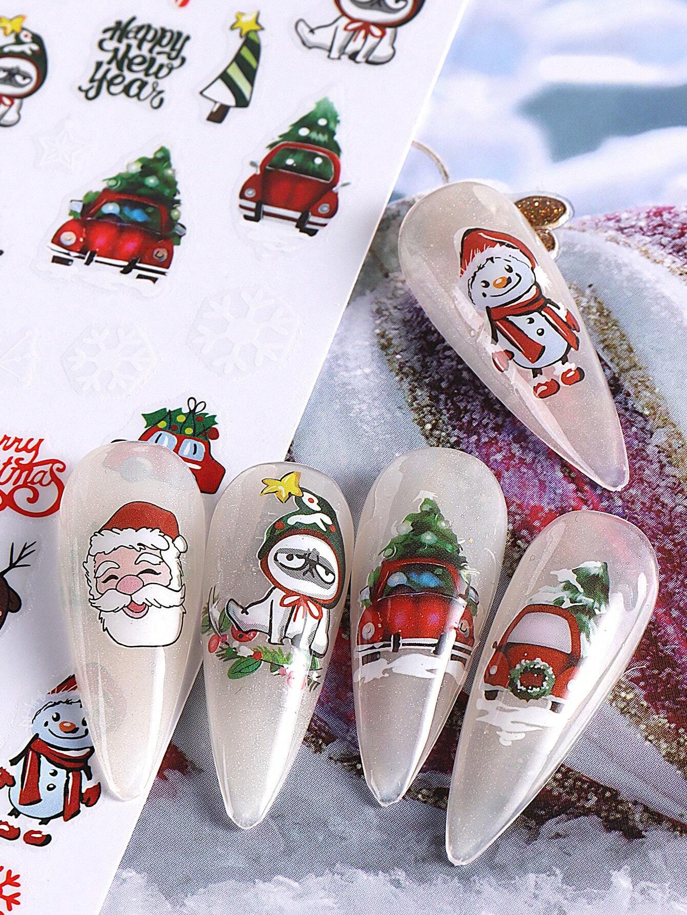 3D Christmas Nail Stickers 2/5 Sheets Cartoon Santa Elk Neon Lamp Penguin Snowflake Snowman Car Tree Bird Holly Berry Flower Leaf DIY Winter Xmas Self-Adhesive Gel Polish Decal Sliders Cute Nail Art Decoration