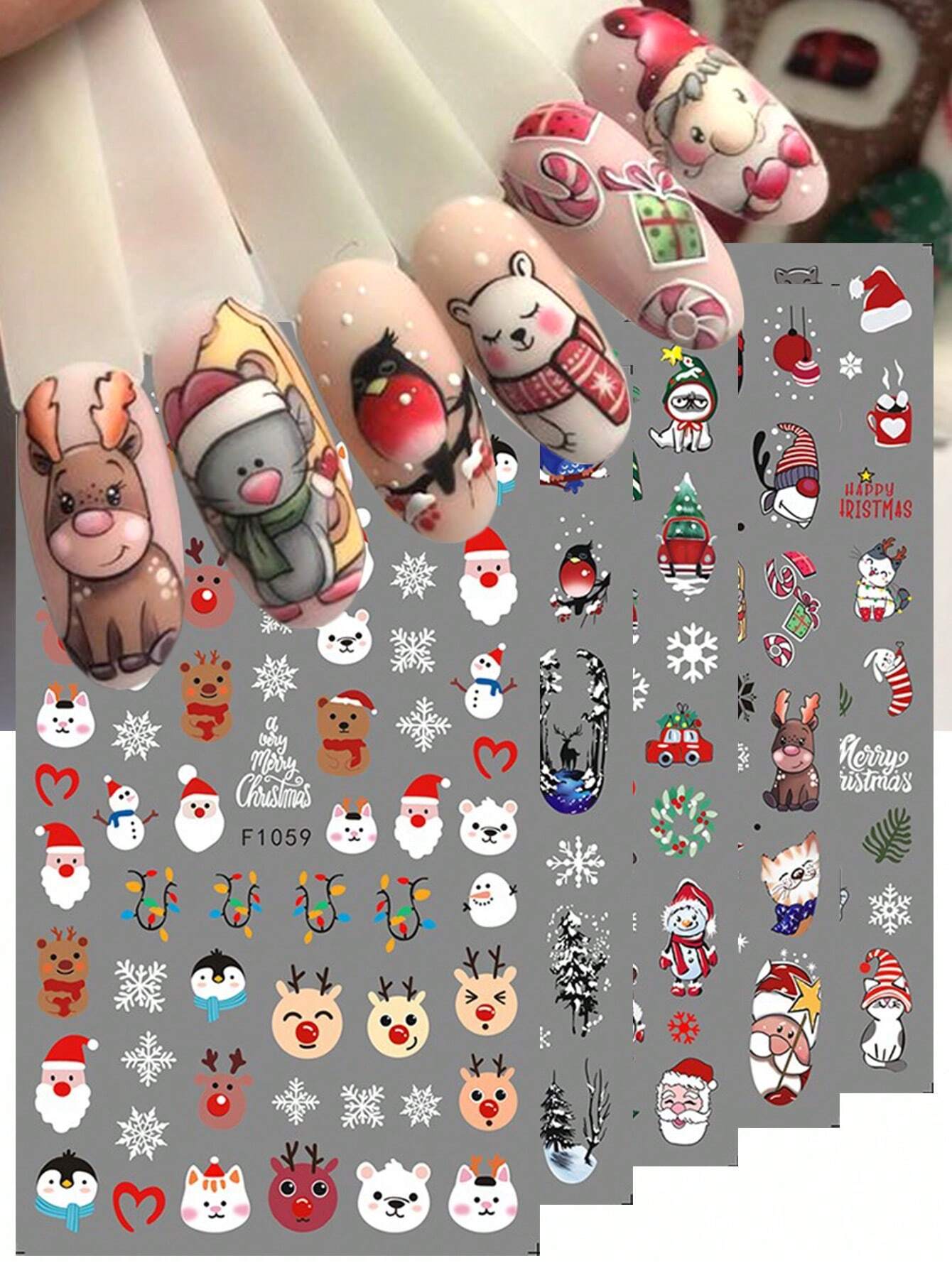 3D Christmas Nail Stickers 2/5 Sheets Cartoon Santa Elk Neon Lamp Penguin Snowflake Snowman Car Tree Bird Holly Berry Flower Leaf DIY Winter Xmas Self-Adhesive Gel Polish Decal Sliders Cute Nail Art Decoration