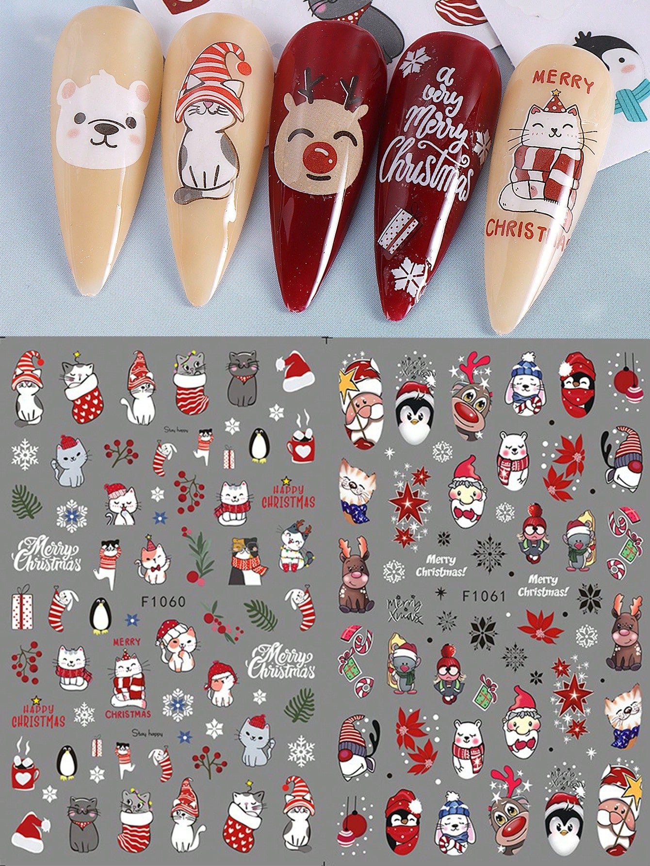 3D Christmas Nail Stickers 2/5 Sheets Cartoon Santa Elk Neon Lamp Penguin Snowflake Snowman Car Tree Bird Holly Berry Flower Leaf DIY Winter Xmas Self-Adhesive Gel Polish Decal Sliders Cute Nail Art Decoration