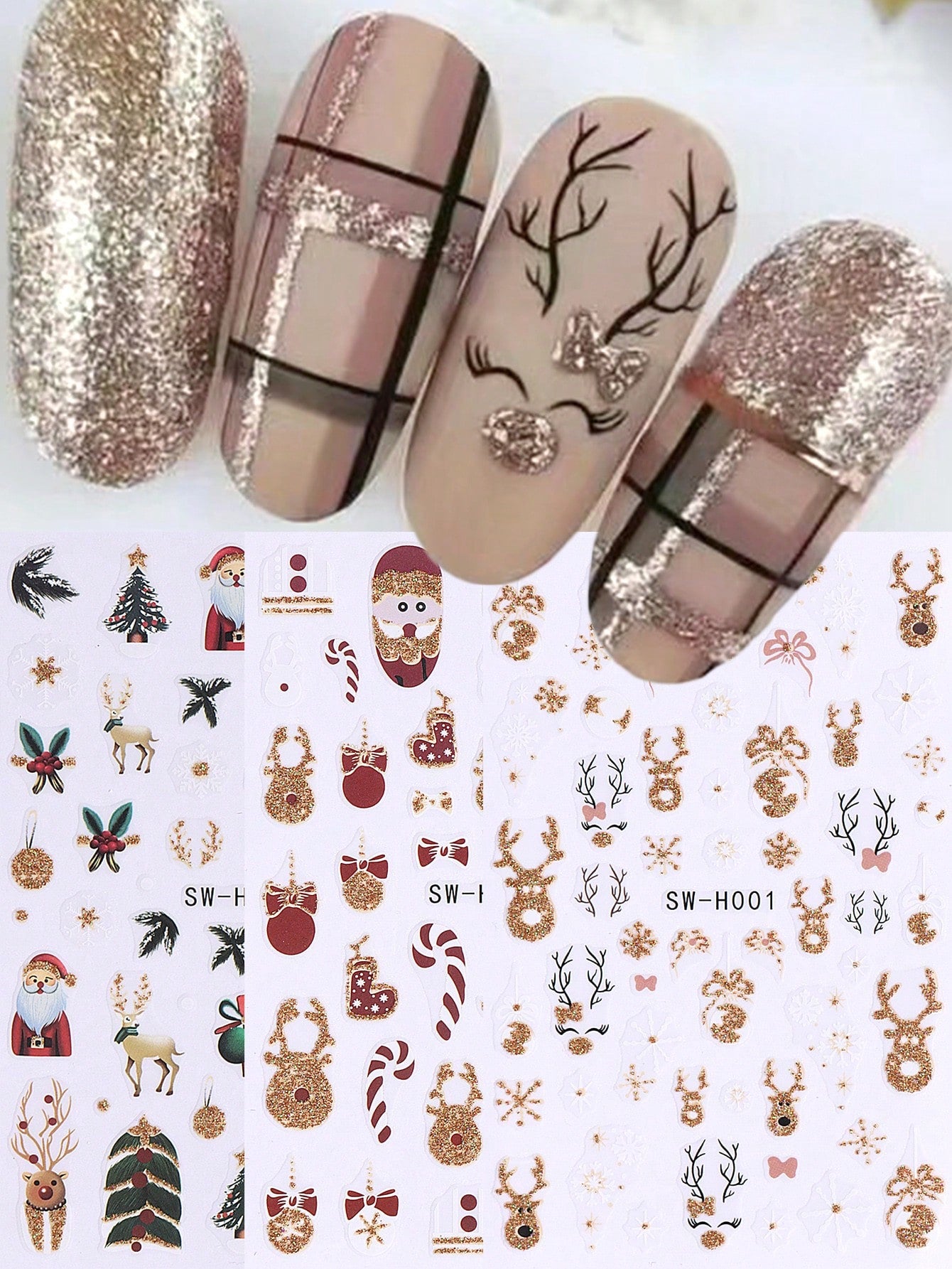 3D Christmas Nail Stickers 2/5 Sheets Cartoon Santa Elk Neon Lamp Penguin Snowflake Snowman Car Tree Bird Holly Berry Flower Leaf DIY Winter Xmas Self-Adhesive Gel Polish Decal Sliders Cute Nail Art Decoration