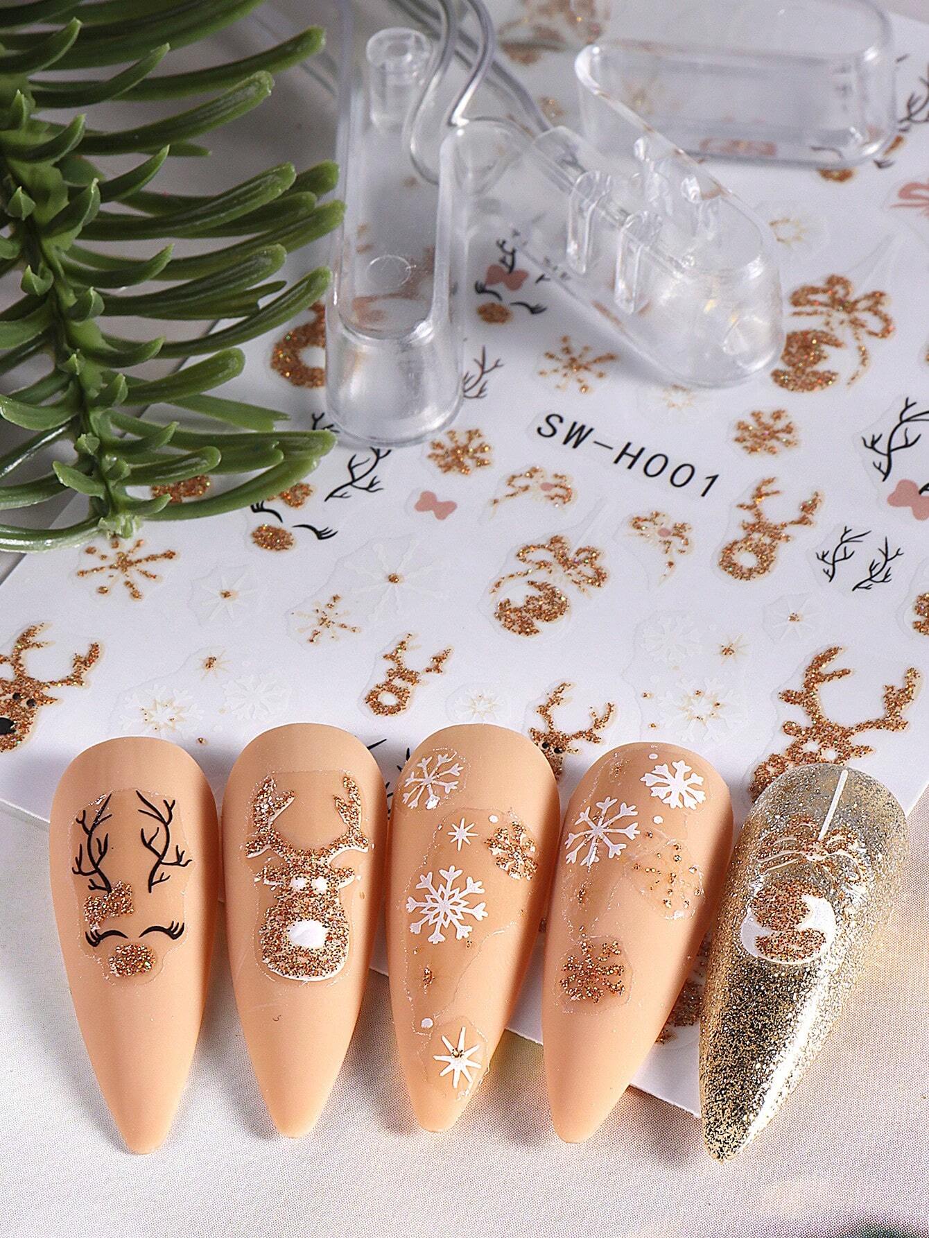 3D Christmas Nail Stickers 2/5 Sheets Cartoon Santa Elk Neon Lamp Penguin Snowflake Snowman Car Tree Bird Holly Berry Flower Leaf DIY Winter Xmas Self-Adhesive Gel Polish Decal Sliders Cute Nail Art Decoration