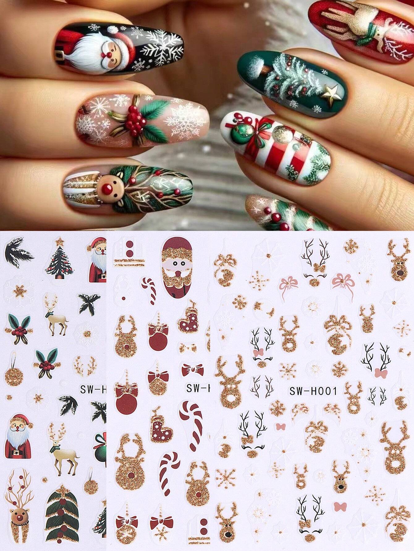 3D Christmas Nail Stickers 2/5 Sheets Cartoon Santa Elk Neon Lamp Penguin Snowflake Snowman Car Tree Bird Holly Berry Flower Leaf DIY Winter Xmas Self-Adhesive Gel Polish Decal Sliders Cute Nail Art Decoration