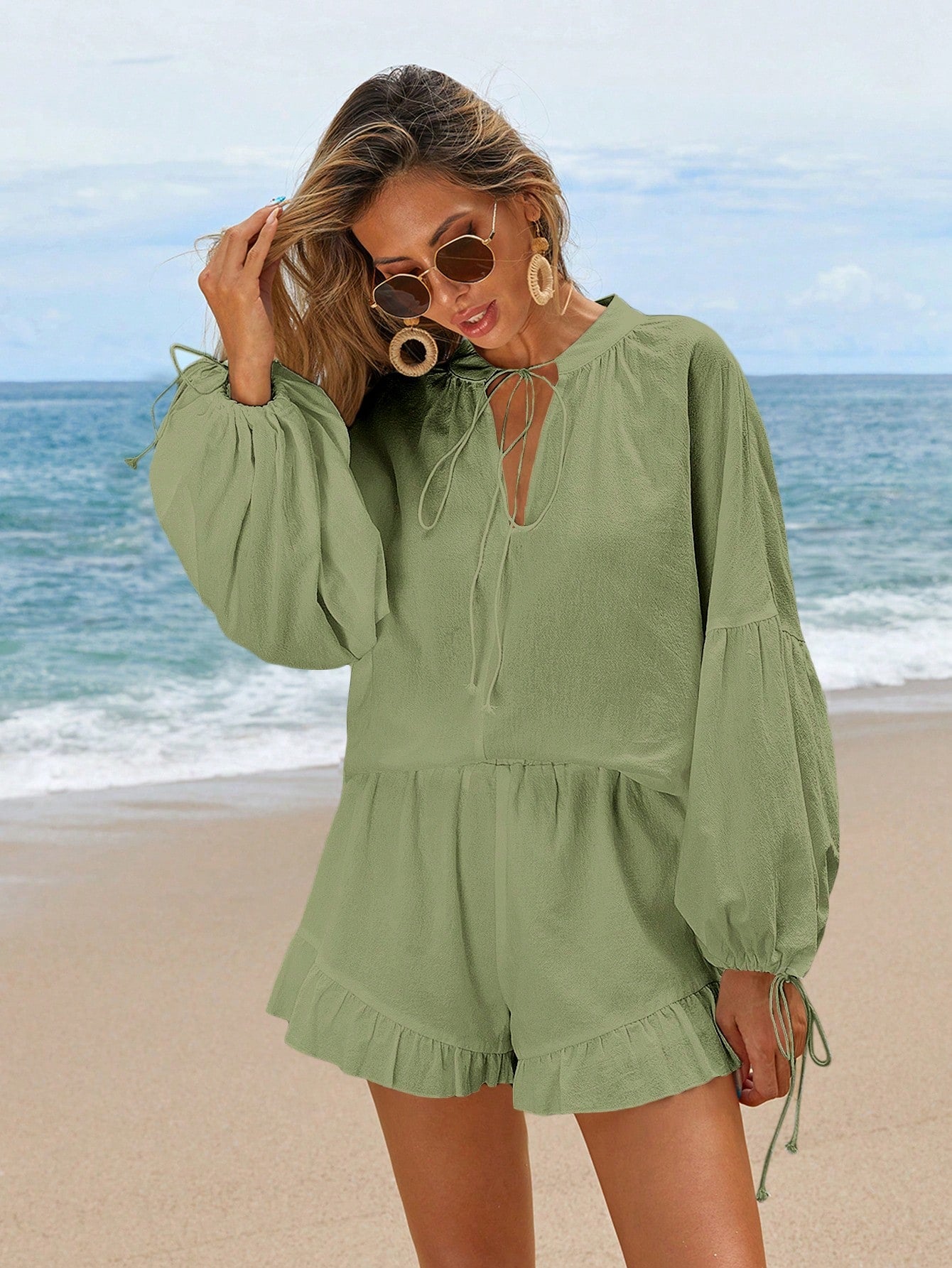 VCAY 2pcs Vacation Casual Solid Color Lantern Sleeve Shirt And Shorts Set