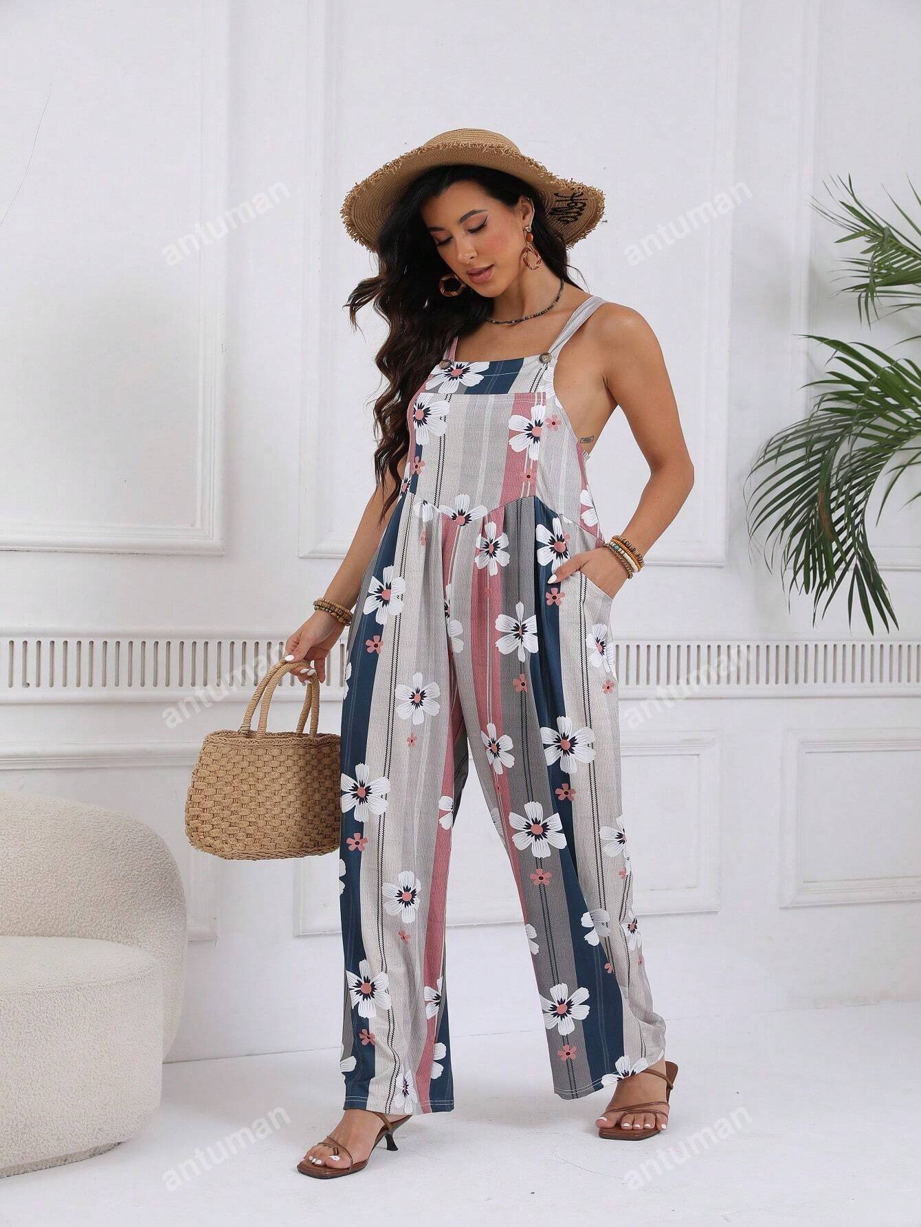 Plus Floral & Striped Print Wide Leg Cami Jumpsuit