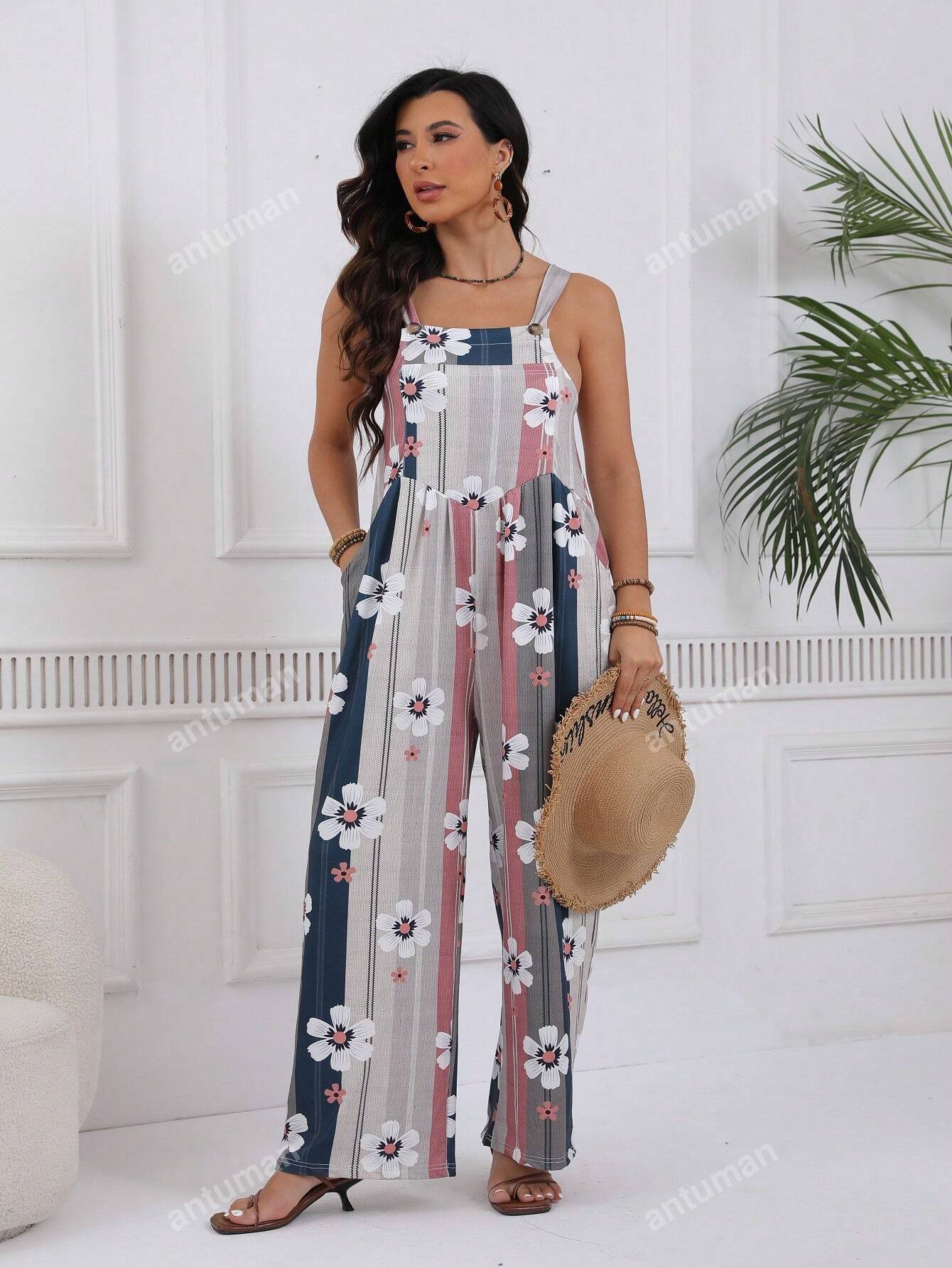 Plus Floral & Striped Print Wide Leg Cami Jumpsuit