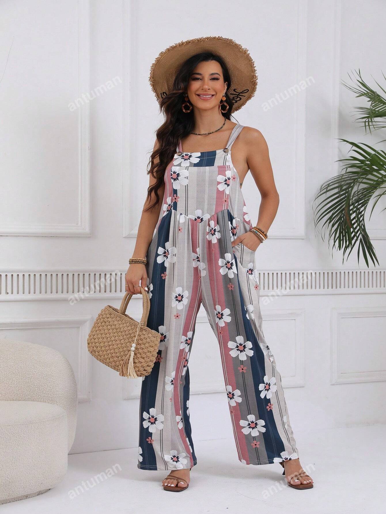 Plus Floral & Striped Print Wide Leg Cami Jumpsuit