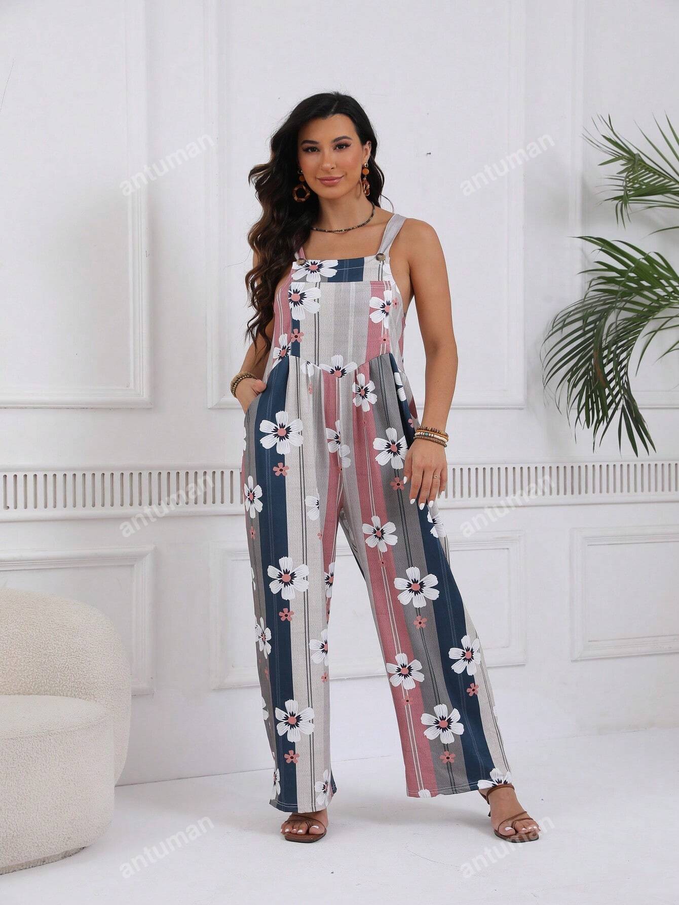 Plus Floral & Striped Print Wide Leg Cami Jumpsuit