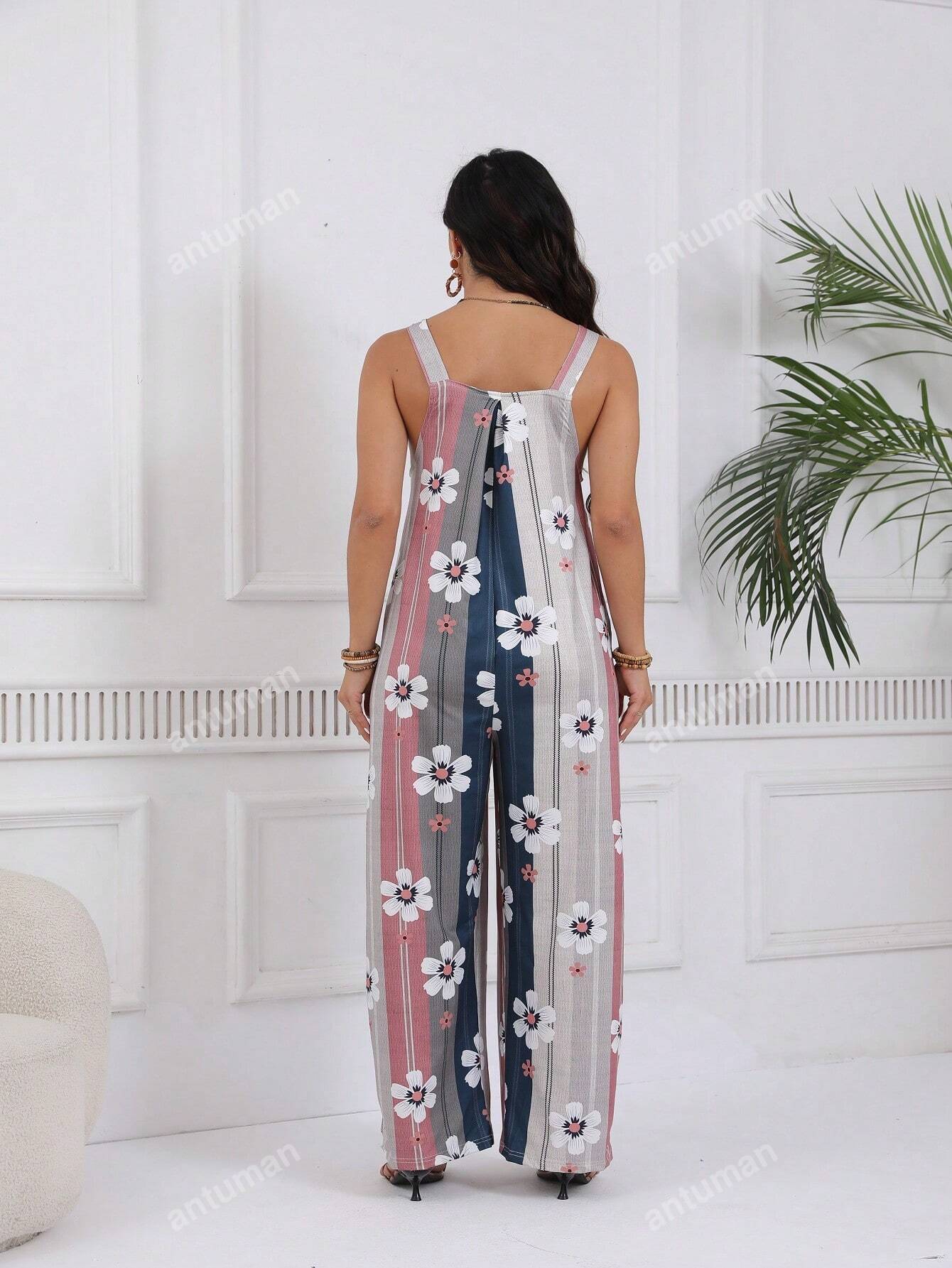 Plus Floral & Striped Print Wide Leg Cami Jumpsuit