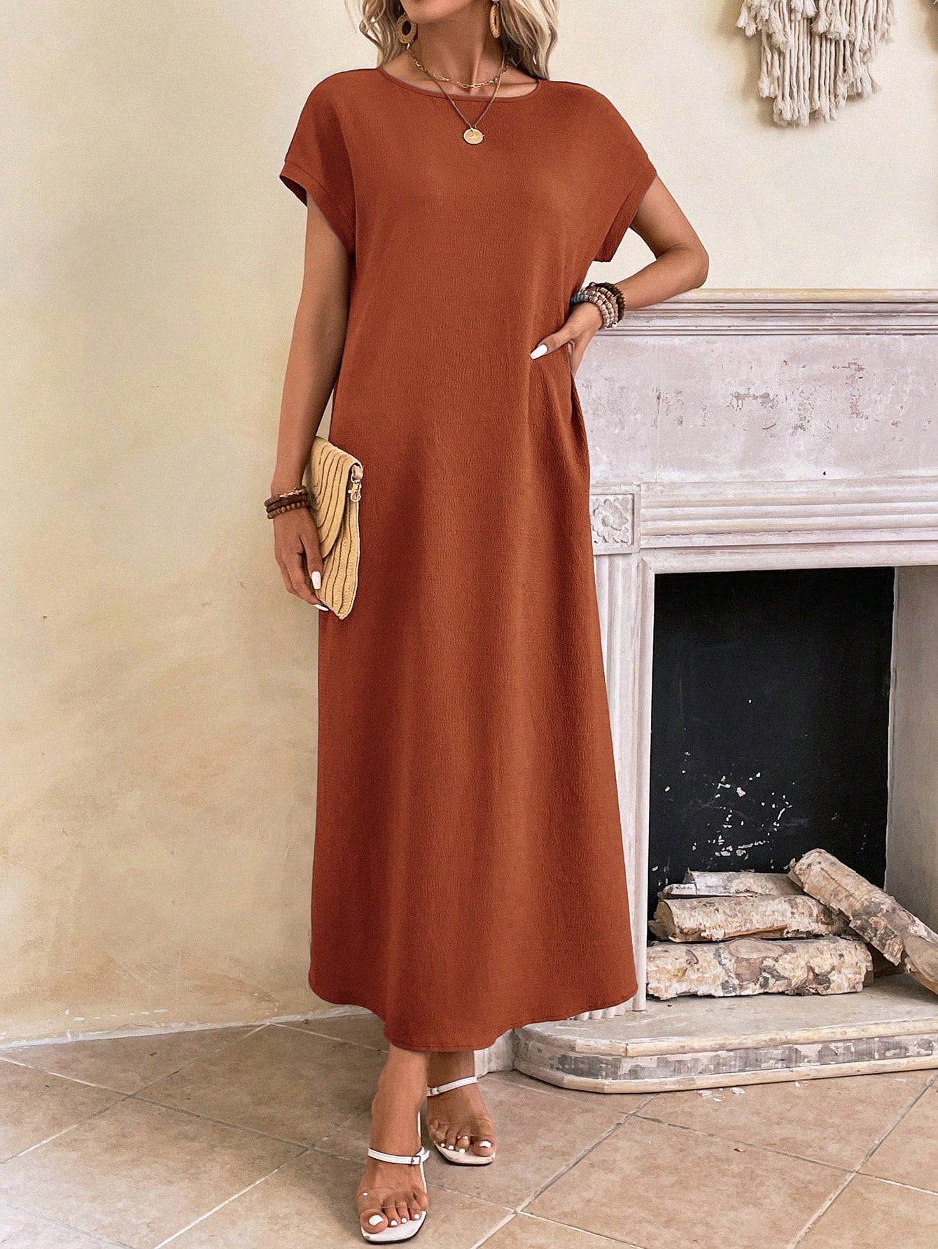 EMERY ROSE Women Casual Solid Color Batwing Sleeve Long Dress For Vacation