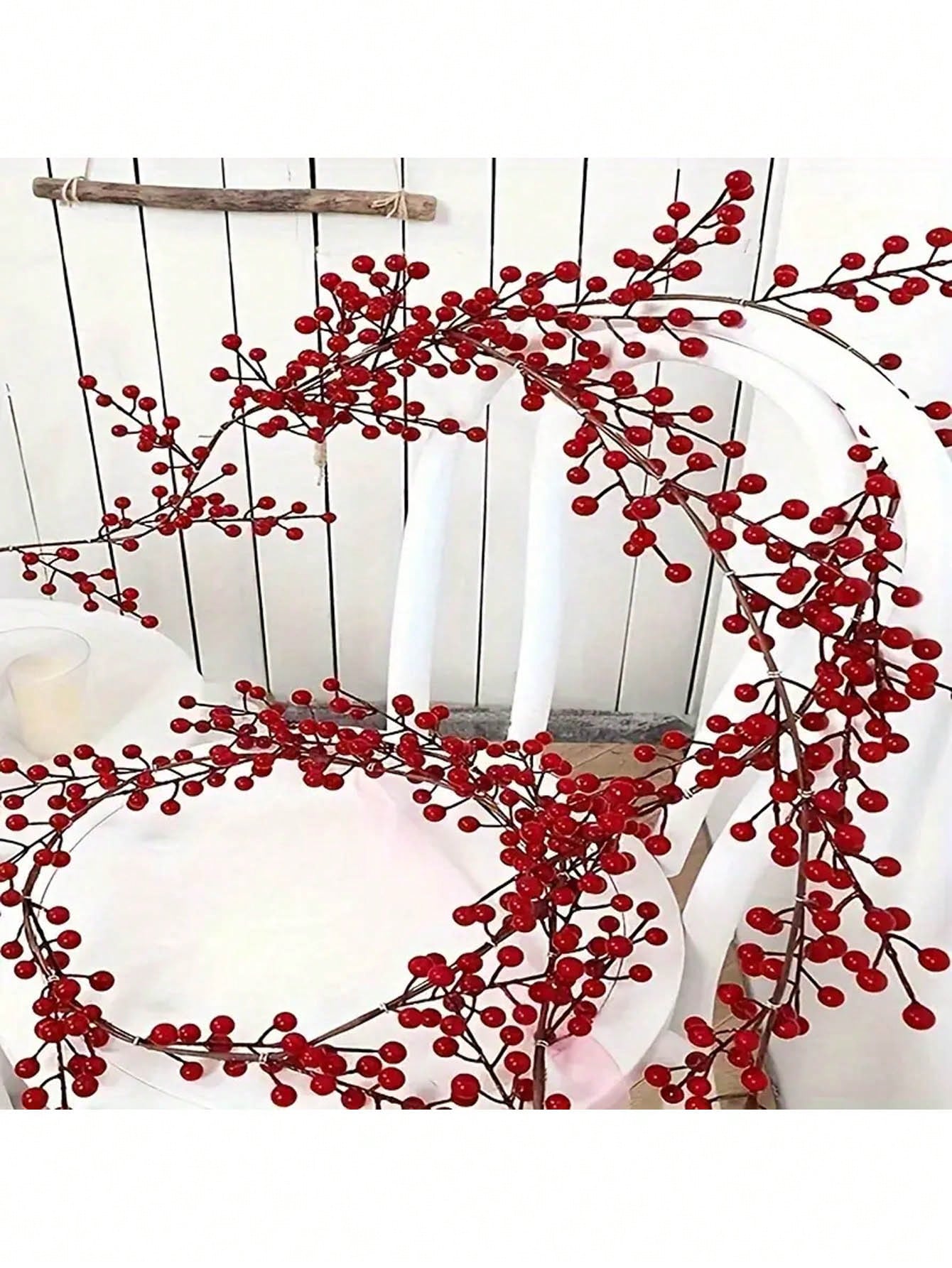 1pc Hanging Red Berry Vine Decor, Suitable For Christmas Tree, Dining Table, Fireplace, New Year, Party Decoration, Room, Home, Outdoor Garden,Christmas