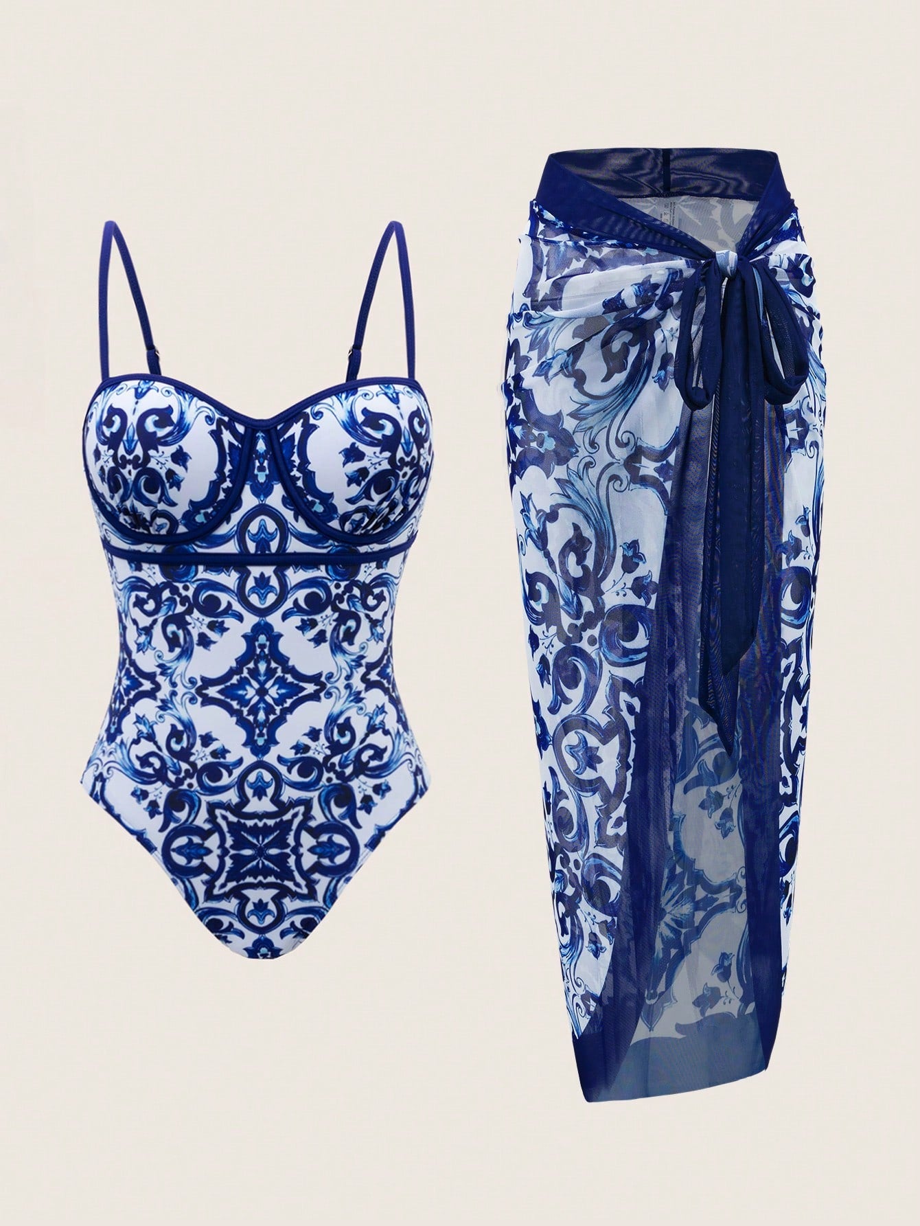 Swim Oasis 2pcs/Set Women Floral Print One-Piece Swimsuit & Tie Front Swimskirt Vacation Beachwear