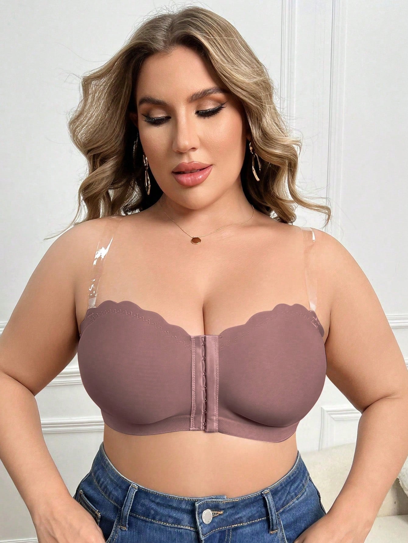 Plus Size Women Solid Color Wirefree Front Closure Bustier Bra