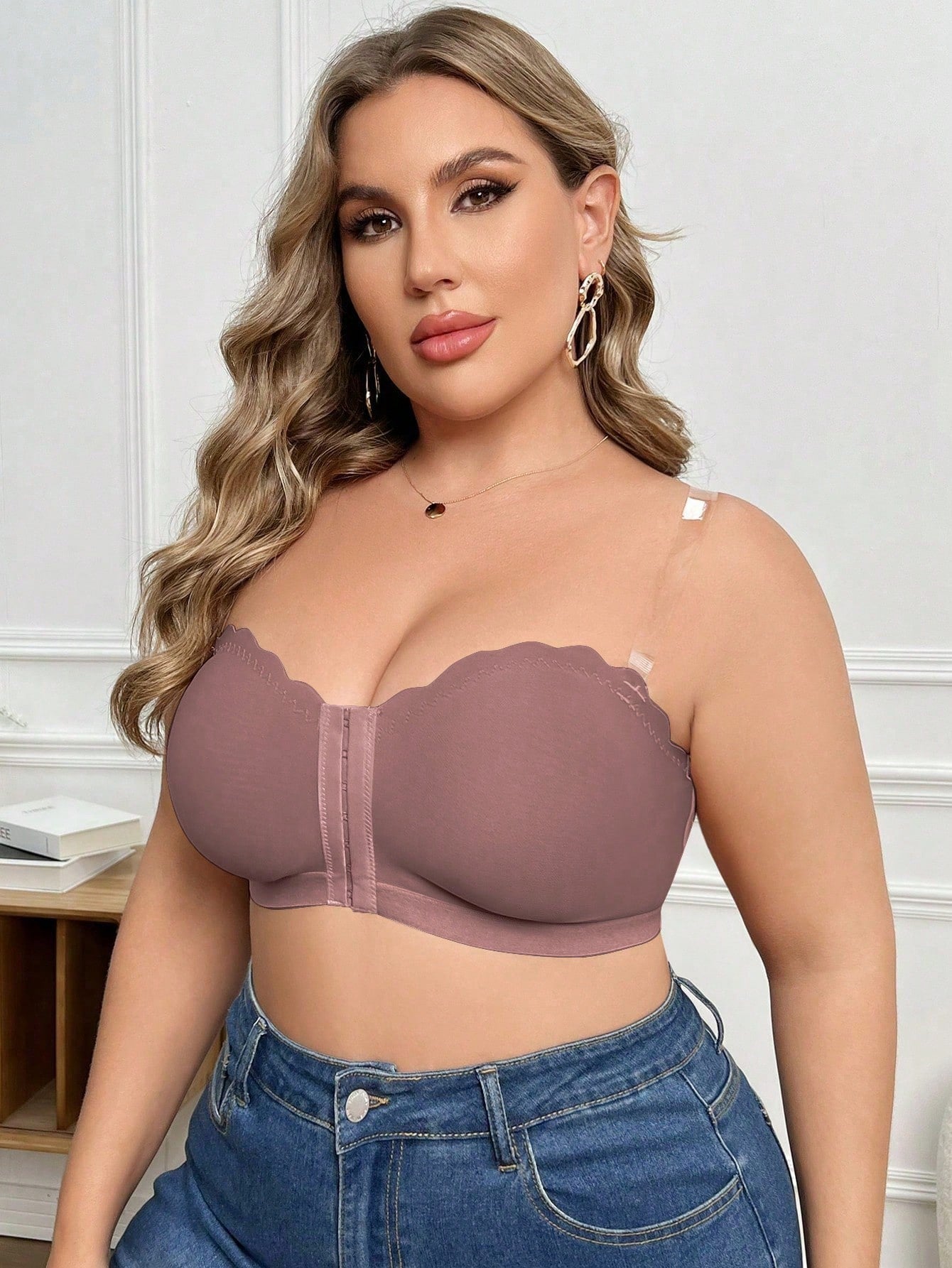 Plus Size Women Solid Color Wirefree Front Closure Bustier Bra