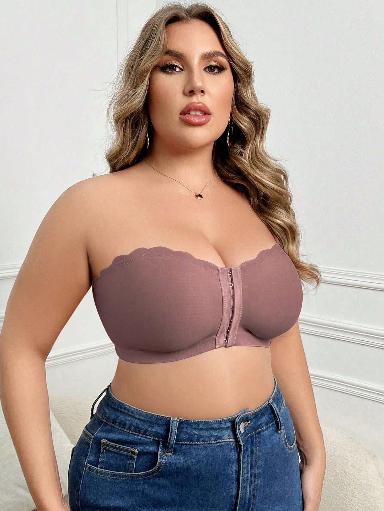 Plus Size Women Solid Color Wirefree Front Closure Bustier Bra