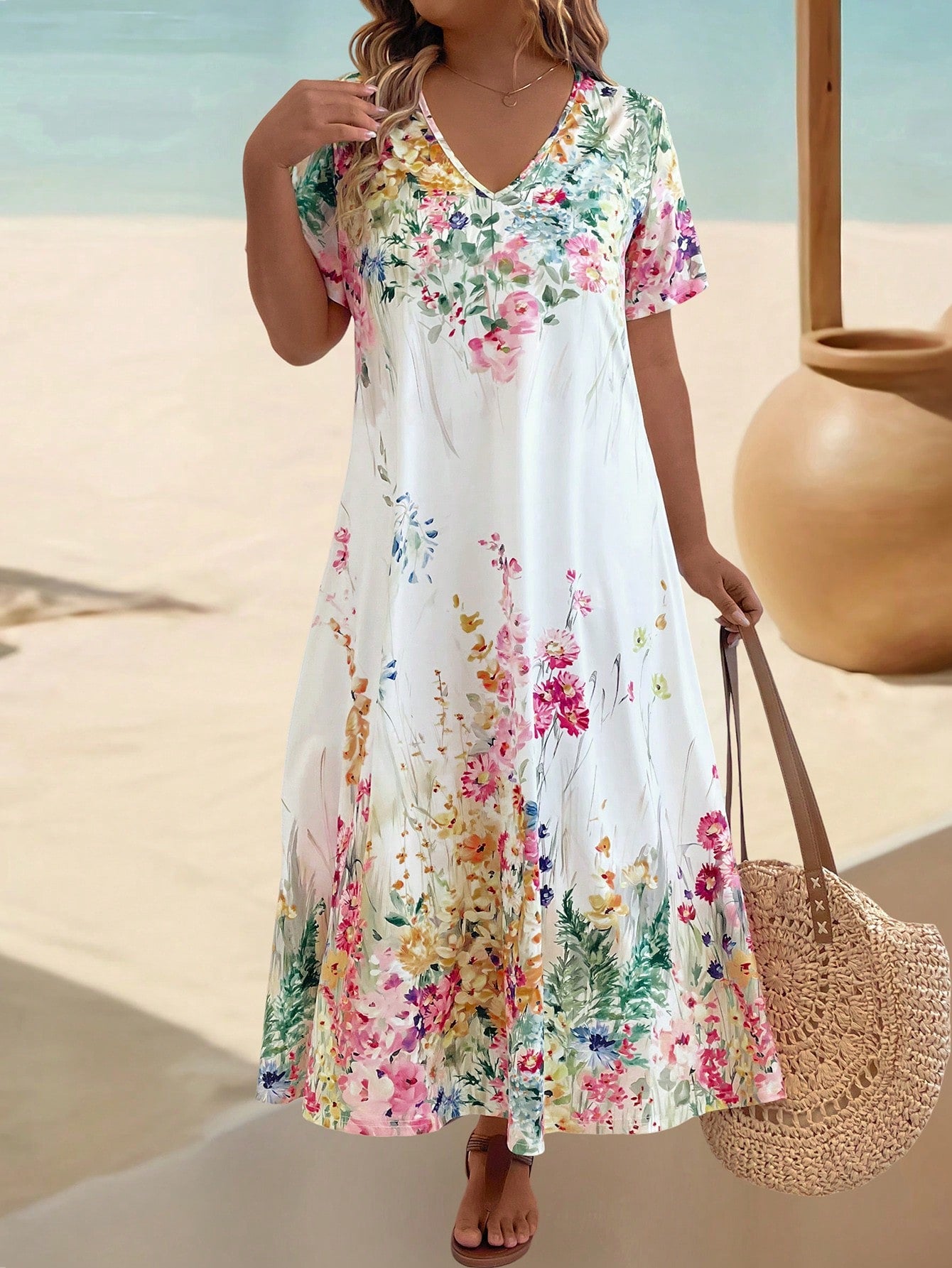 Plus Size V-Neck Short Sleeve Floral Print Elegant Loose Dress Maxi Women Outfit