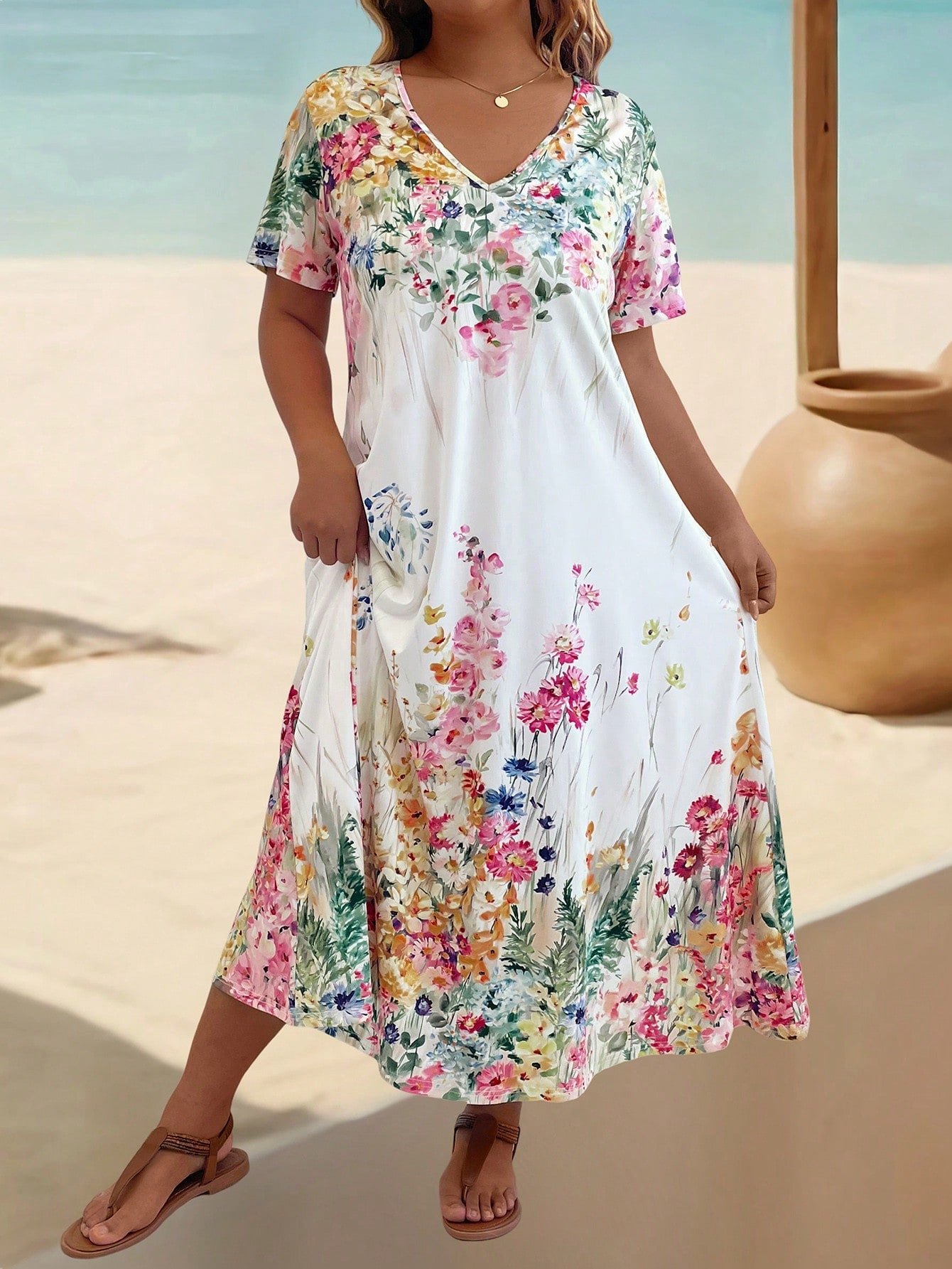 Plus Size V-Neck Short Sleeve Floral Print Elegant Loose Dress Maxi Women Outfit