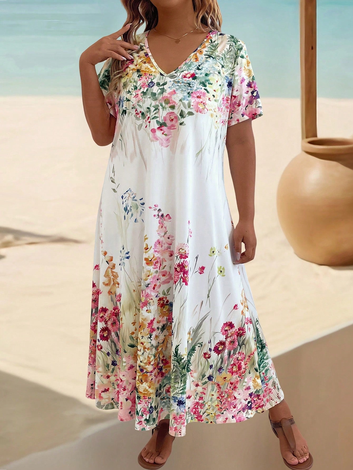 Plus Size V-Neck Short Sleeve Floral Print Elegant Loose Dress Maxi Women Outfit