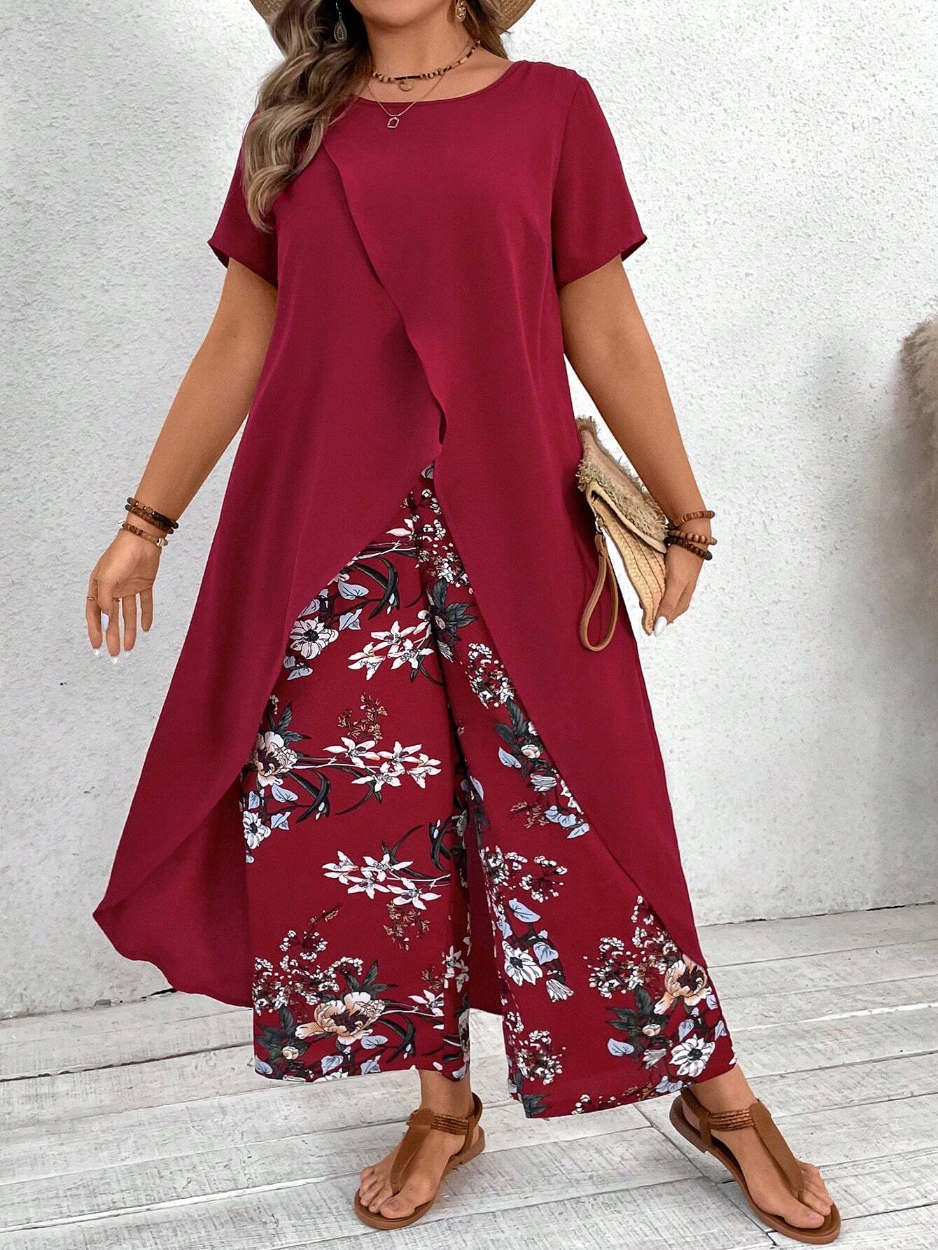 VCAY Plus Size Long Tail Vacation Short Sleeve Shirt & Flower Print Long Pants Set