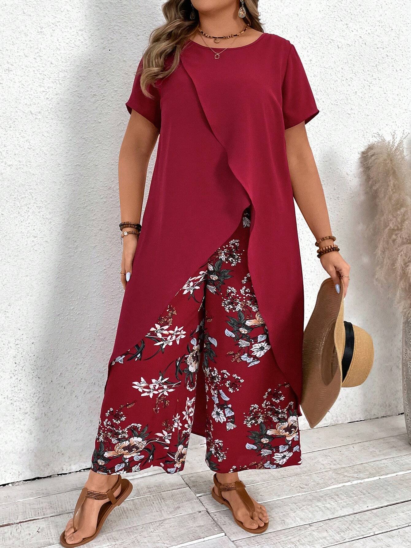 VCAY Plus Size Long Tail Vacation Short Sleeve Shirt & Flower Print Long Pants Set