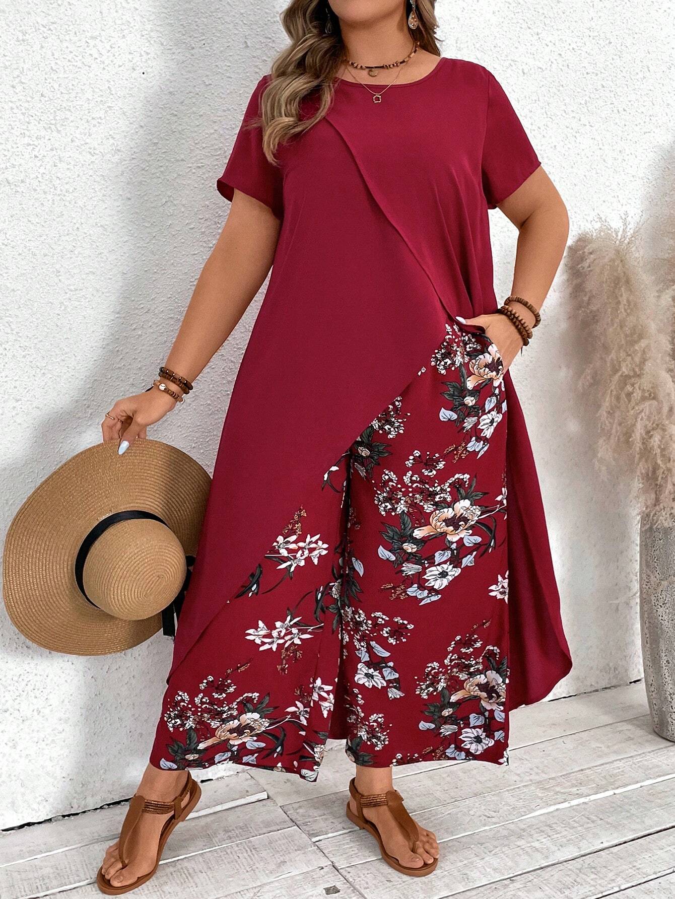 VCAY Plus Size Long Tail Vacation Short Sleeve Shirt & Flower Print Long Pants Set