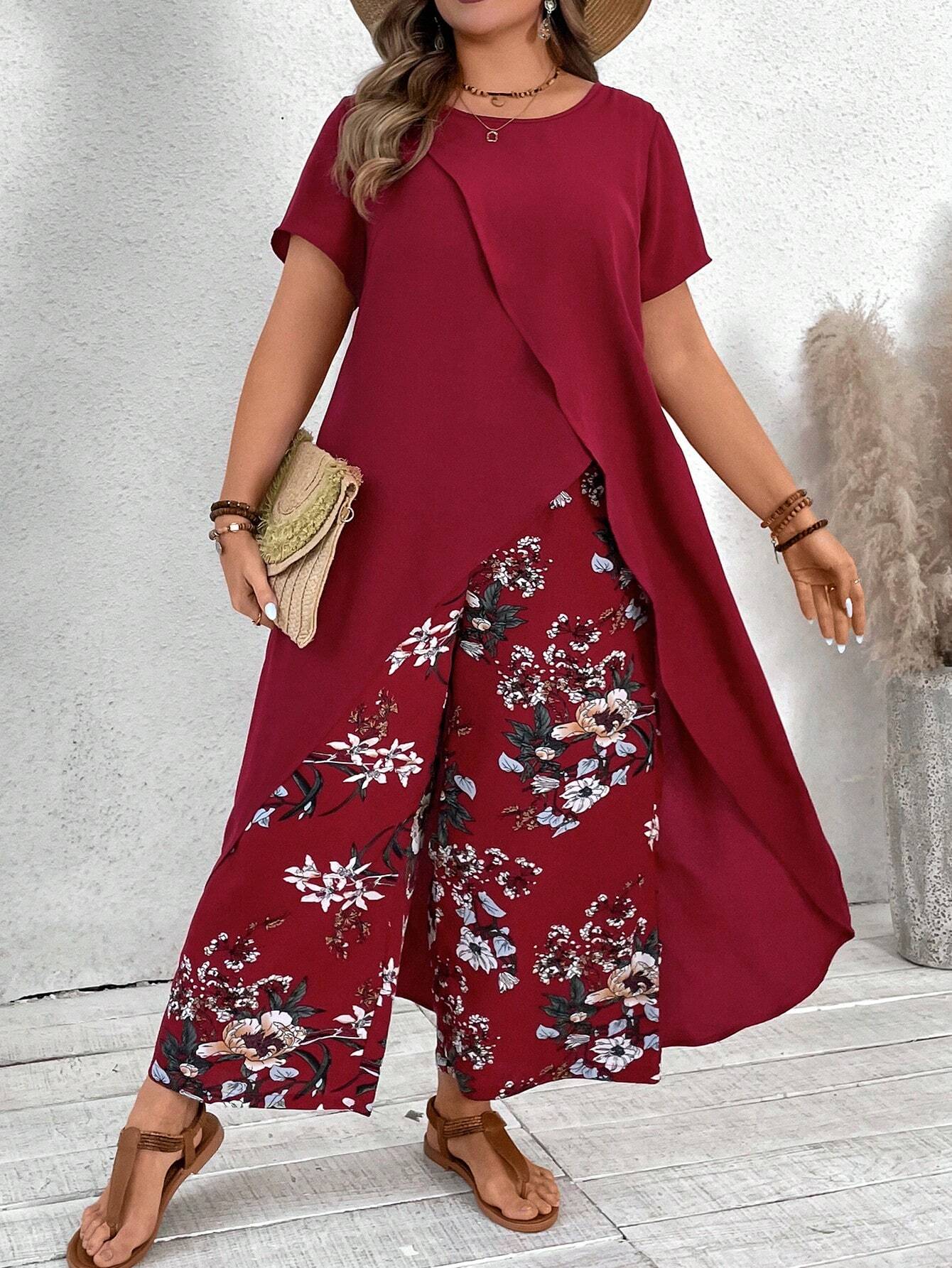 VCAY Plus Size Long Tail Vacation Short Sleeve Shirt & Flower Print Long Pants Set