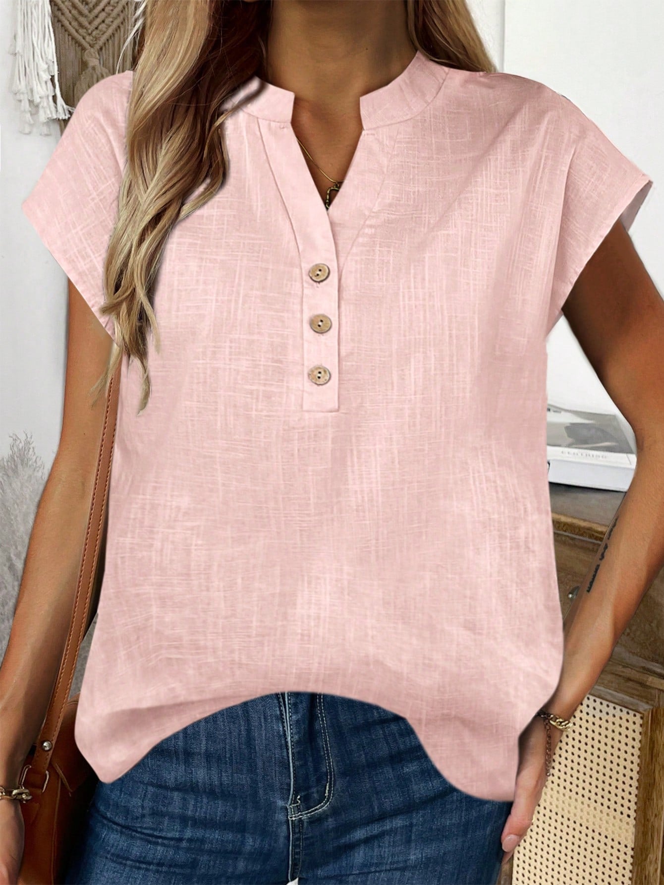 EMERY ROSE Women's Simple Plain Button Design Short Sleeve V-Neck Shirt