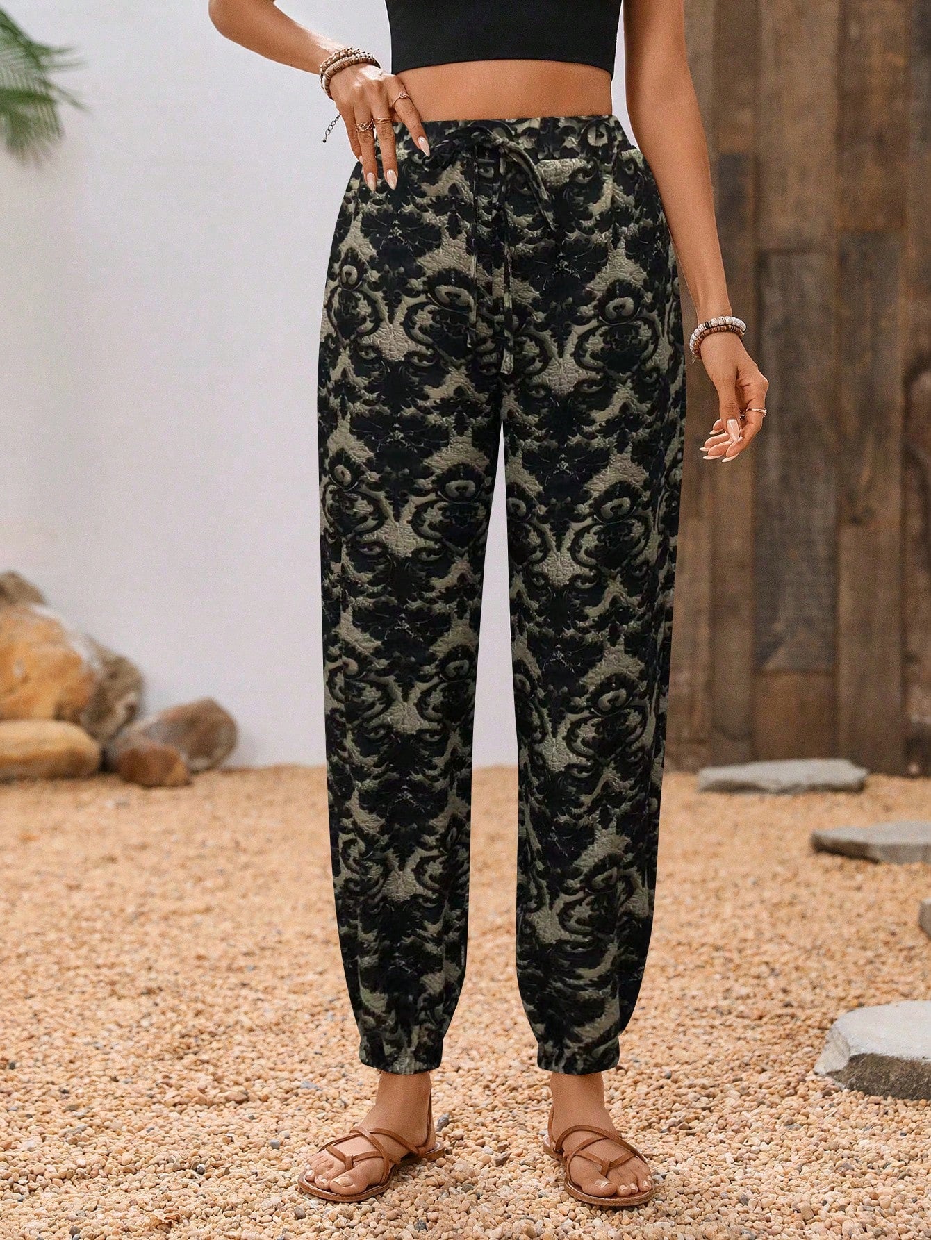 VCAY Tropical Print Paperbag Waist Belted Pants