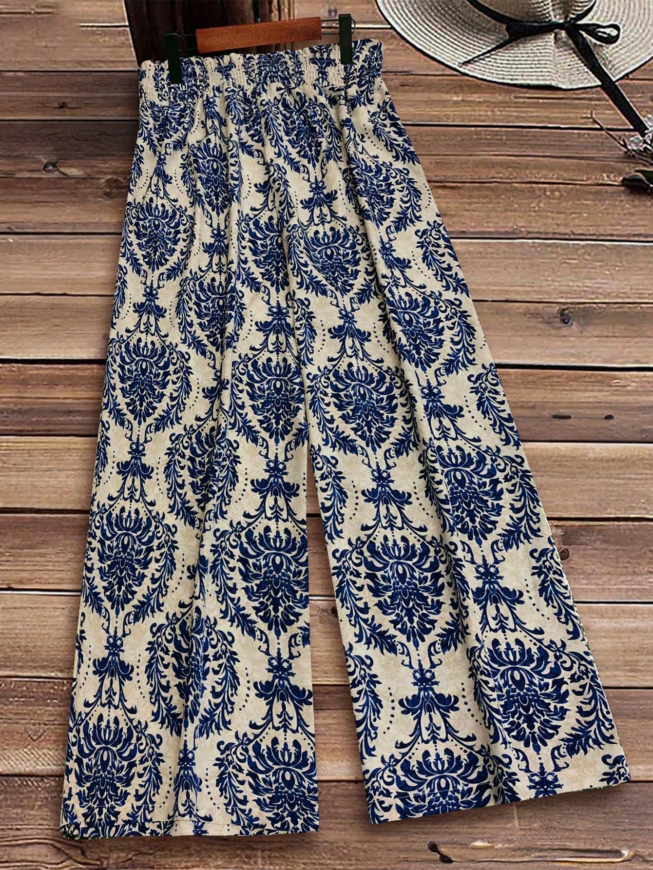 LUNE Plus Size Women's Vacation High Waisted Plant Printed Wide Leg Pants