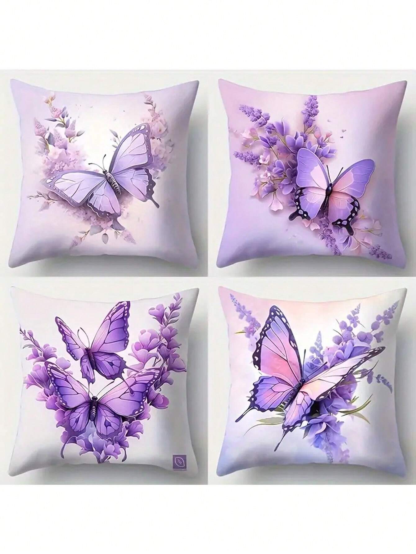 4pcs, Contemporary Style Pillowcase, Dragonfly, Flowers, Vibrant And Vivid, Brings Strong Visual Effects, Polyester Fiber, Pillowcase, Living Room, Sofa, Cushion, Office Chair, Lumbar Pad Home Decoration Room Decoration (Without Pillow Core)