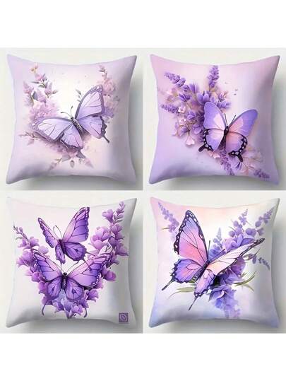 4pcs, Contemporary Style Pillowcase, Dragonfly, Flowers, Vibrant And Vivid, Brings Strong Visual Effects, Polyester Fiber, Pillowcase, Living Room, Sofa, Cushion, Office Chair, Lumbar Pad Home Decoration Room Decoration (Without Pillow Core)