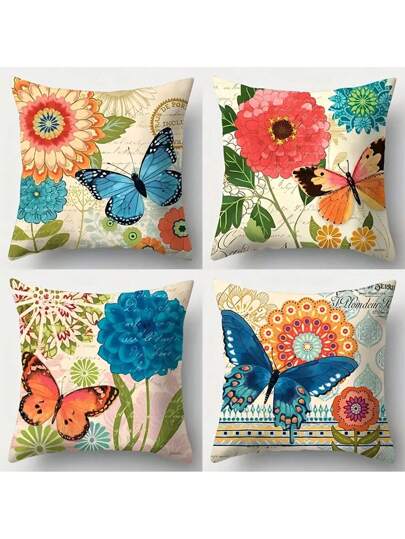 4pcs, Contemporary Style Pillowcase, Dragonfly, Flowers, Vibrant And Vivid, Brings Strong Visual Effects, Polyester Fiber, Pillowcase, Living Room, Sofa, Cushion, Office Chair, Lumbar Pad Home Decoration Room Decoration (Without Pillow Core)