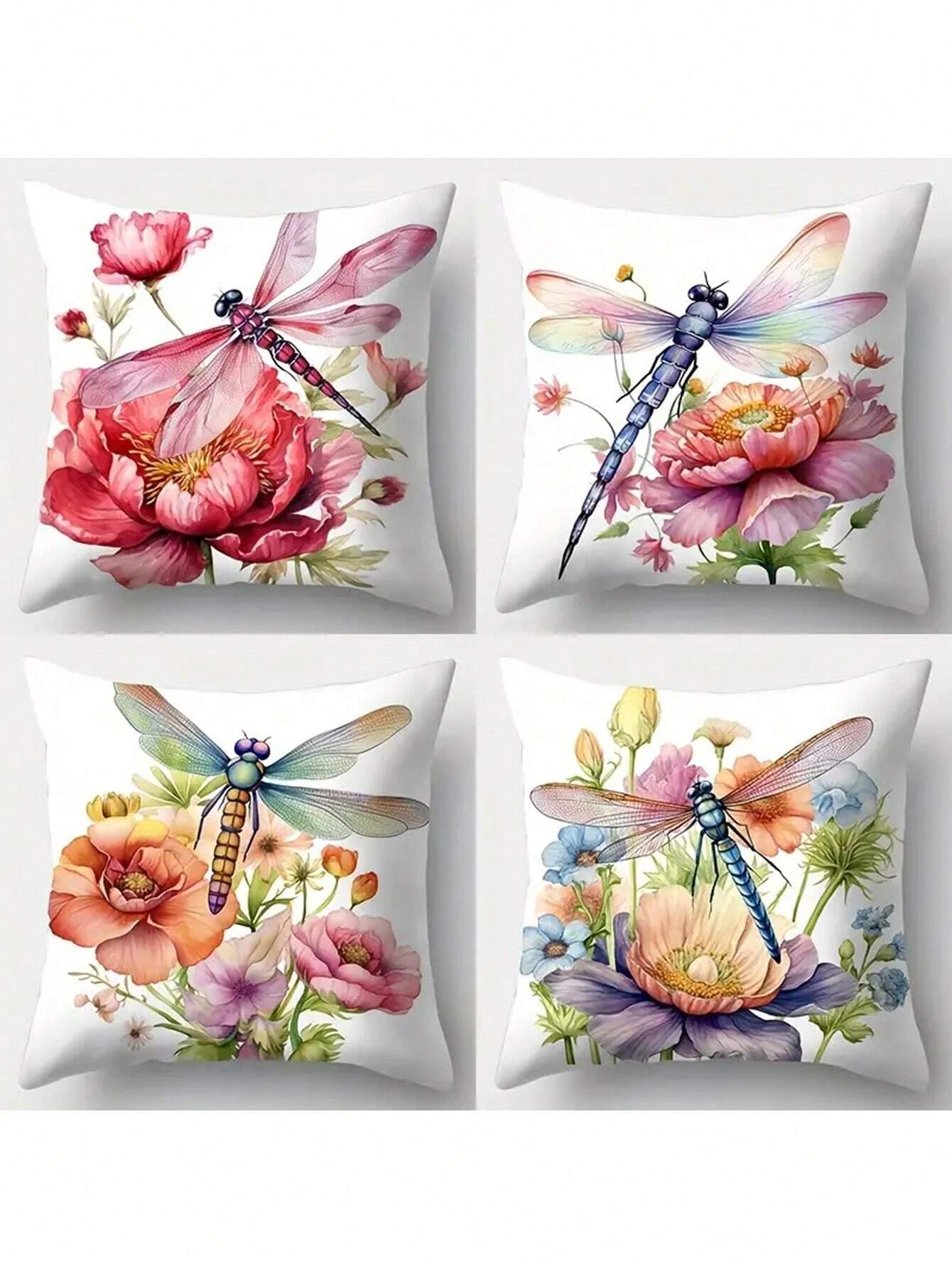 4pcs, Contemporary Style Pillowcase, Dragonfly, Flowers, Vibrant And Vivid, Brings Strong Visual Effects, Polyester Fiber, Pillowcase, Living Room, Sofa, Cushion, Office Chair, Lumbar Pad Home Decoration Room Decoration (Without Pillow Core)