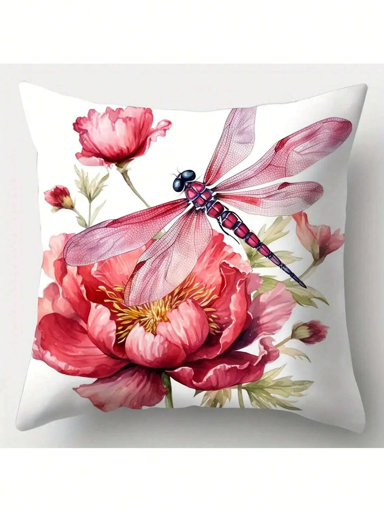 4pcs, Contemporary Style Pillowcase, Dragonfly, Flowers, Vibrant And Vivid, Brings Strong Visual Effects, Polyester Fiber, Pillowcase, Living Room, Sofa, Cushion, Office Chair, Lumbar Pad Home Decoration Room Decoration (Without Pillow Core)