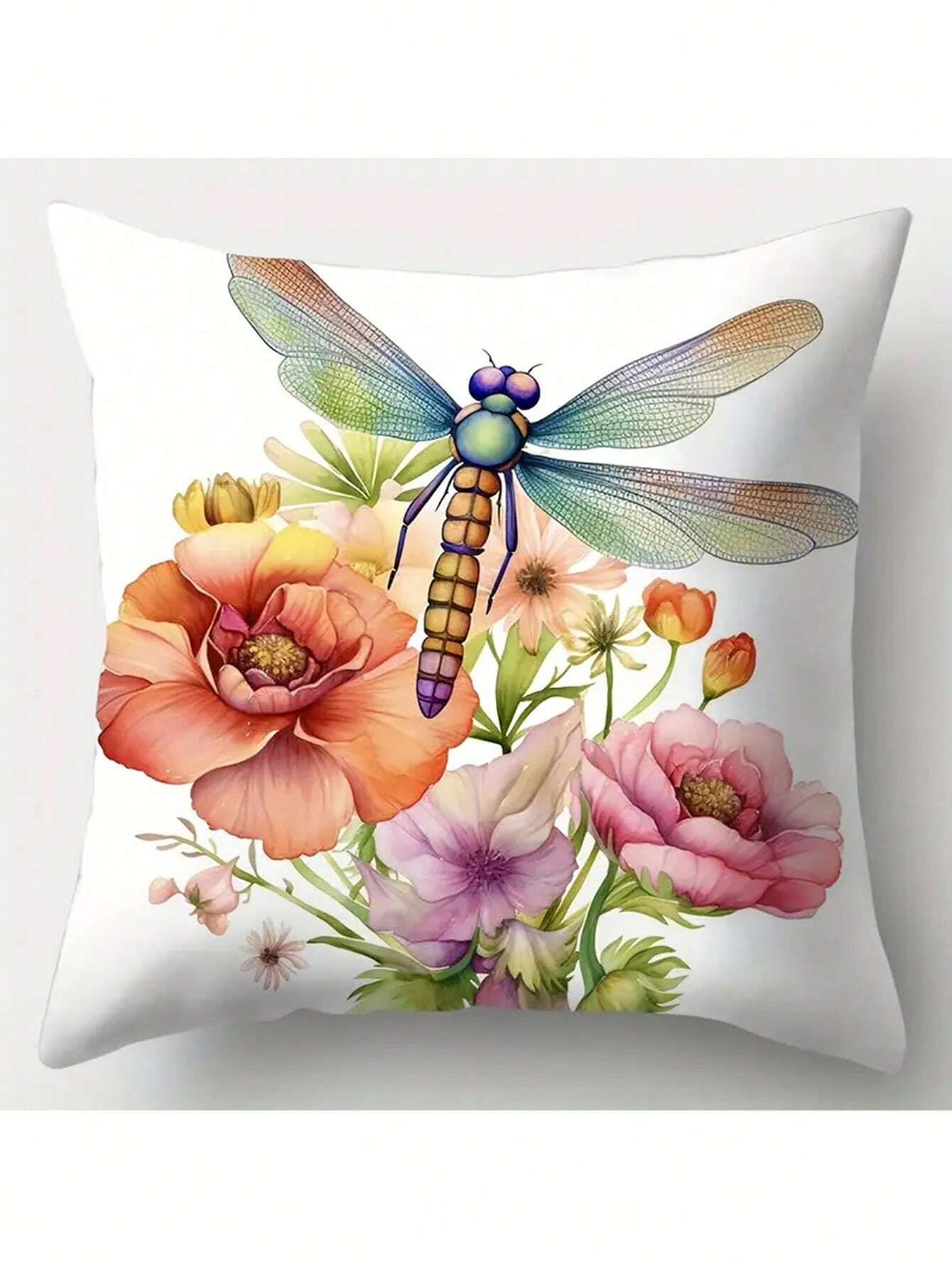 4pcs, Contemporary Style Pillowcase, Dragonfly, Flowers, Vibrant And Vivid, Brings Strong Visual Effects, Polyester Fiber, Pillowcase, Living Room, Sofa, Cushion, Office Chair, Lumbar Pad Home Decoration Room Decoration (Without Pillow Core)