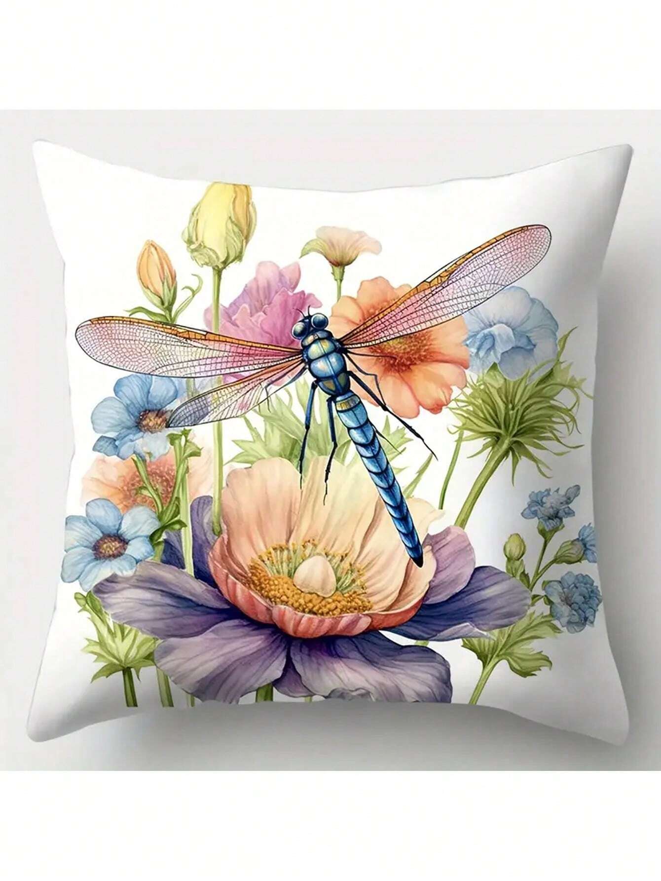 4pcs, Contemporary Style Pillowcase, Dragonfly, Flowers, Vibrant And Vivid, Brings Strong Visual Effects, Polyester Fiber, Pillowcase, Living Room, Sofa, Cushion, Office Chair, Lumbar Pad Home Decoration Room Decoration (Without Pillow Core)