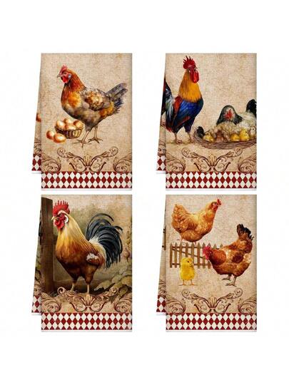 2/4pcs Rooster Kitchen Towels, Red & White Plaid Pattern Dish Cloths, Absorbent Retro Buffalo Check Towels, Modern Farmhouse Hand Towels For Bathroom, Home, Rustic Style Gift