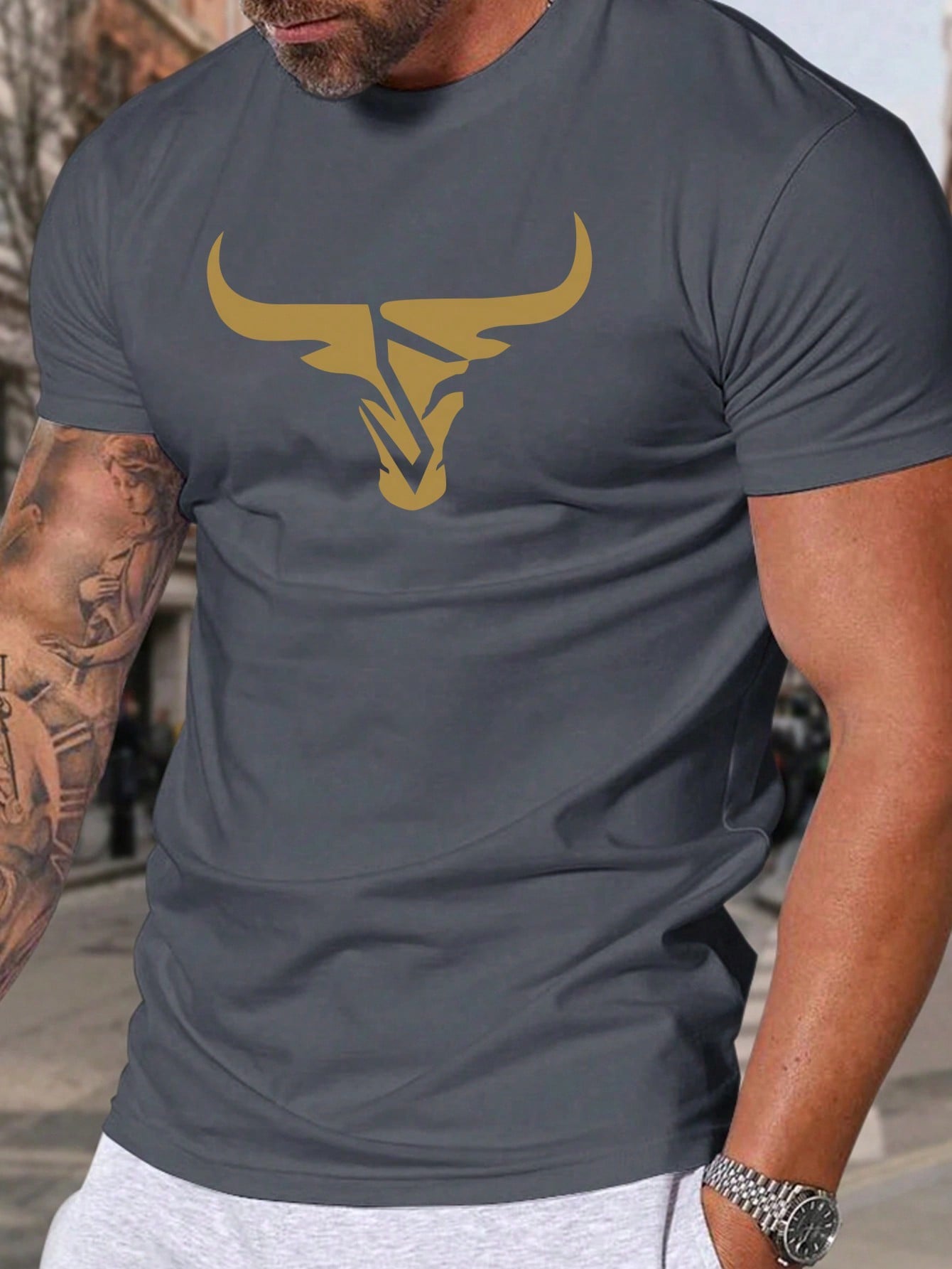 Men's Casual Crewneck Short Sleeve T-Shirt With Bull Head Print, Summer