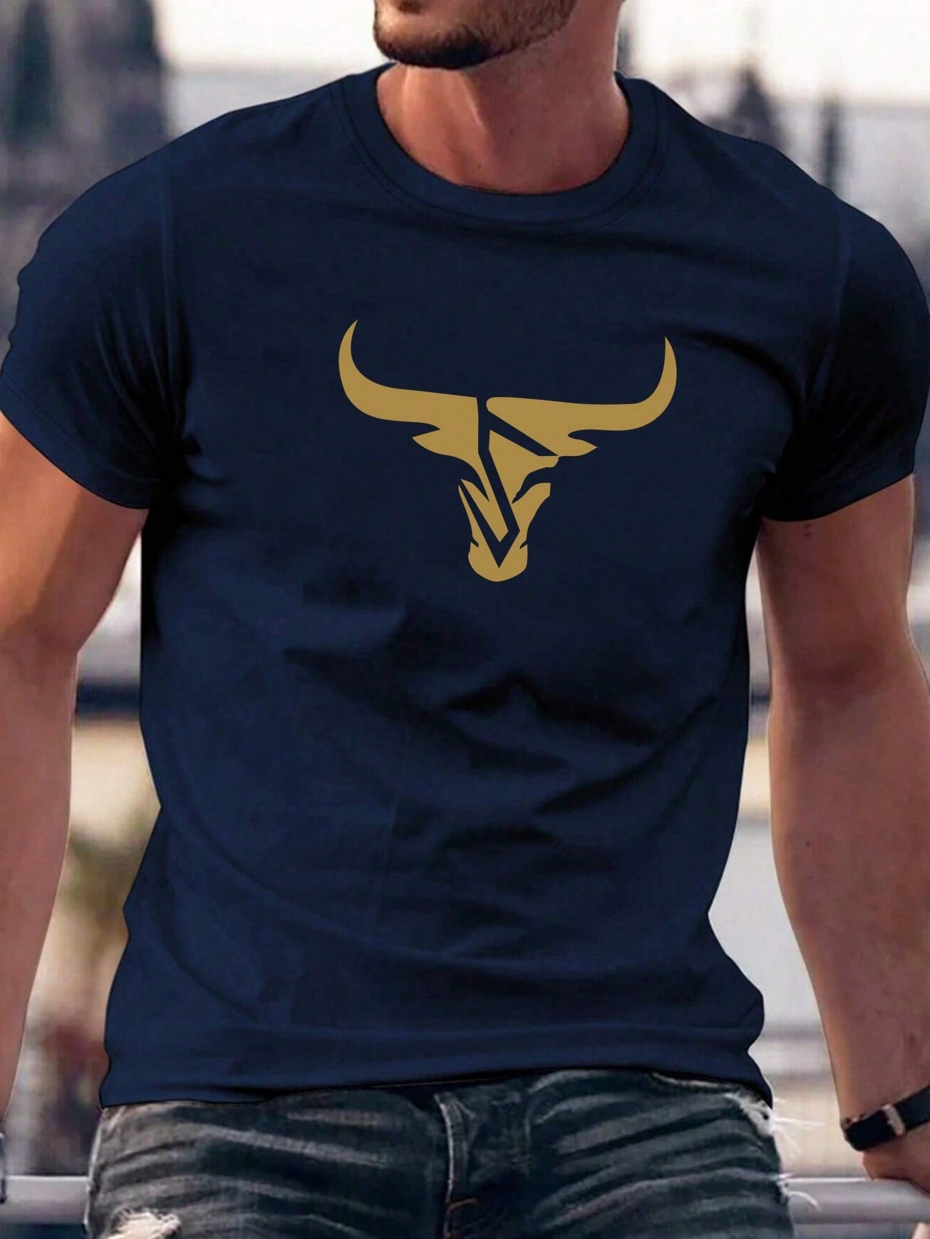 Men's Casual Crewneck Short Sleeve T-Shirt With Bull Head Print, Summer