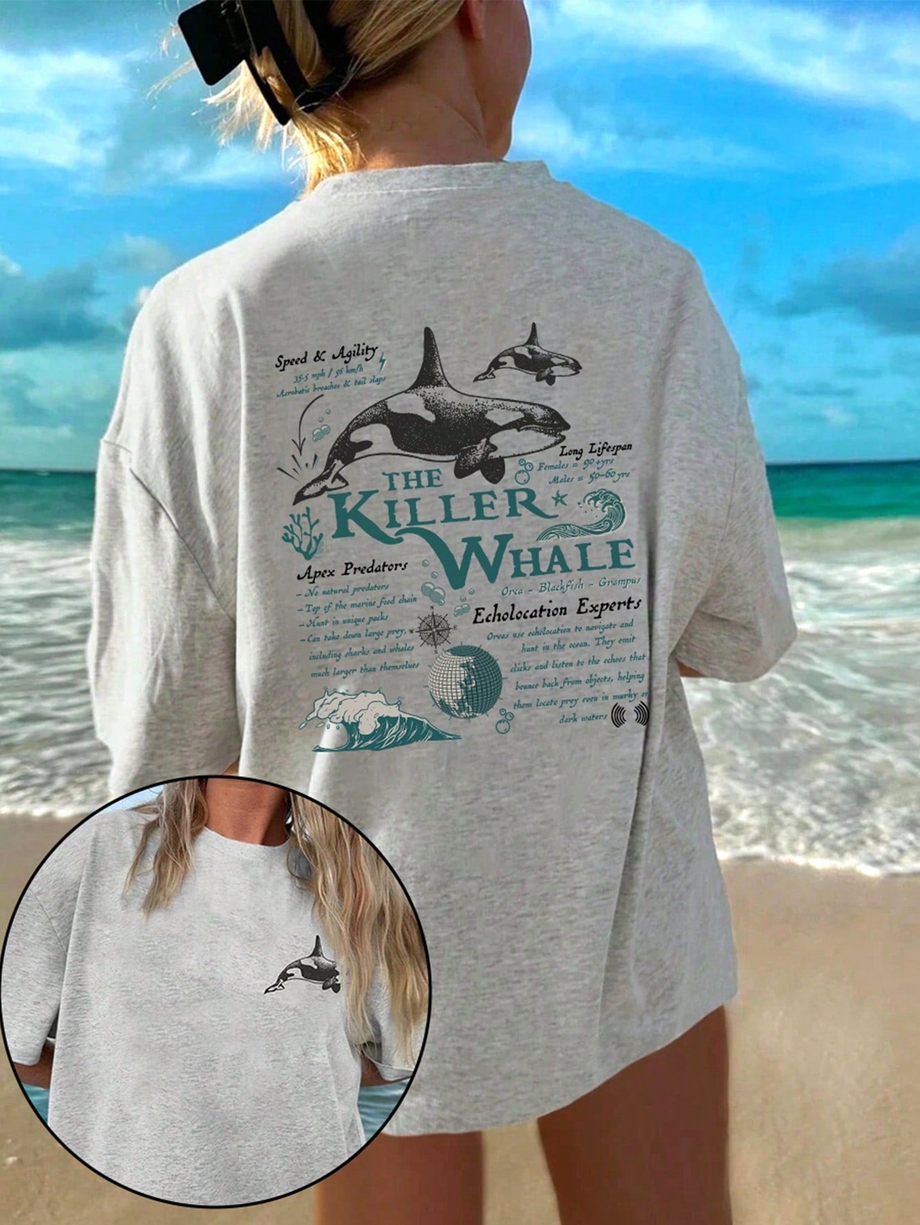 EZwear Loose Fit Graphic T-Shirt With Ocean Life Whale Print, Summer Round Neck Tee THE KILLER WHALE