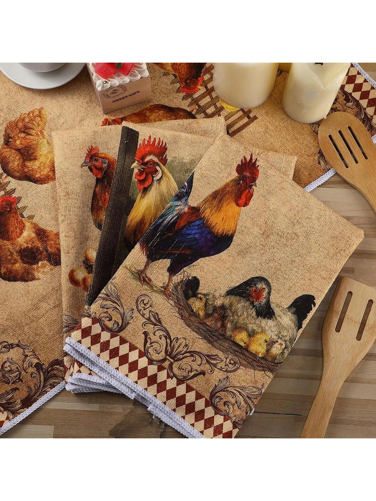 2/4pcs Rooster Kitchen Towels, Red & White Plaid Pattern Dish Cloths, Absorbent Retro Buffalo Check Towels, Modern Farmhouse Hand Towels For Bathroom, Home, Rustic Style Gift