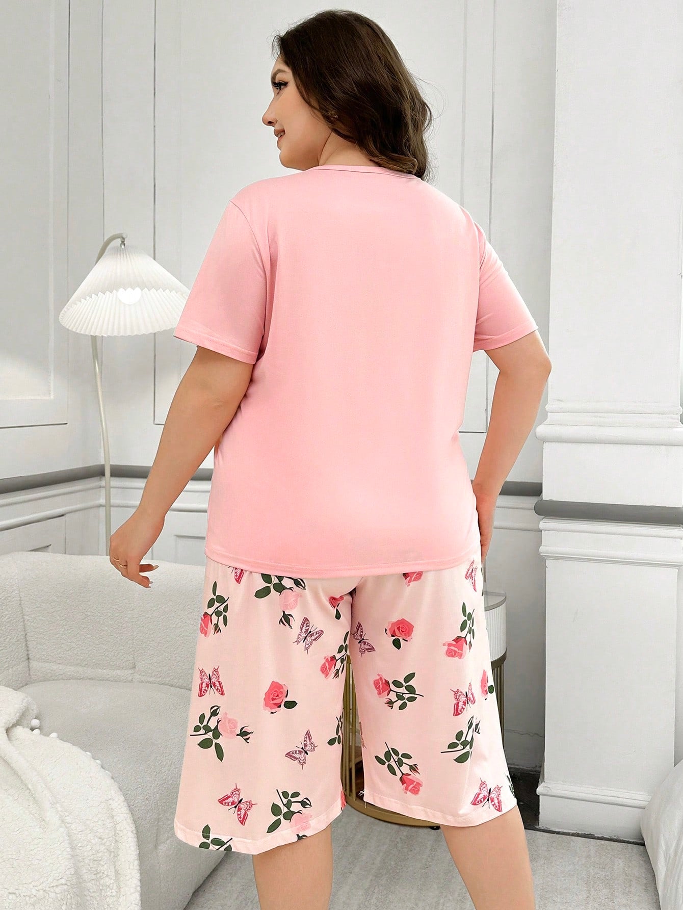 Plus Size Floral Print Short Sleeve Shorts Pajama Set