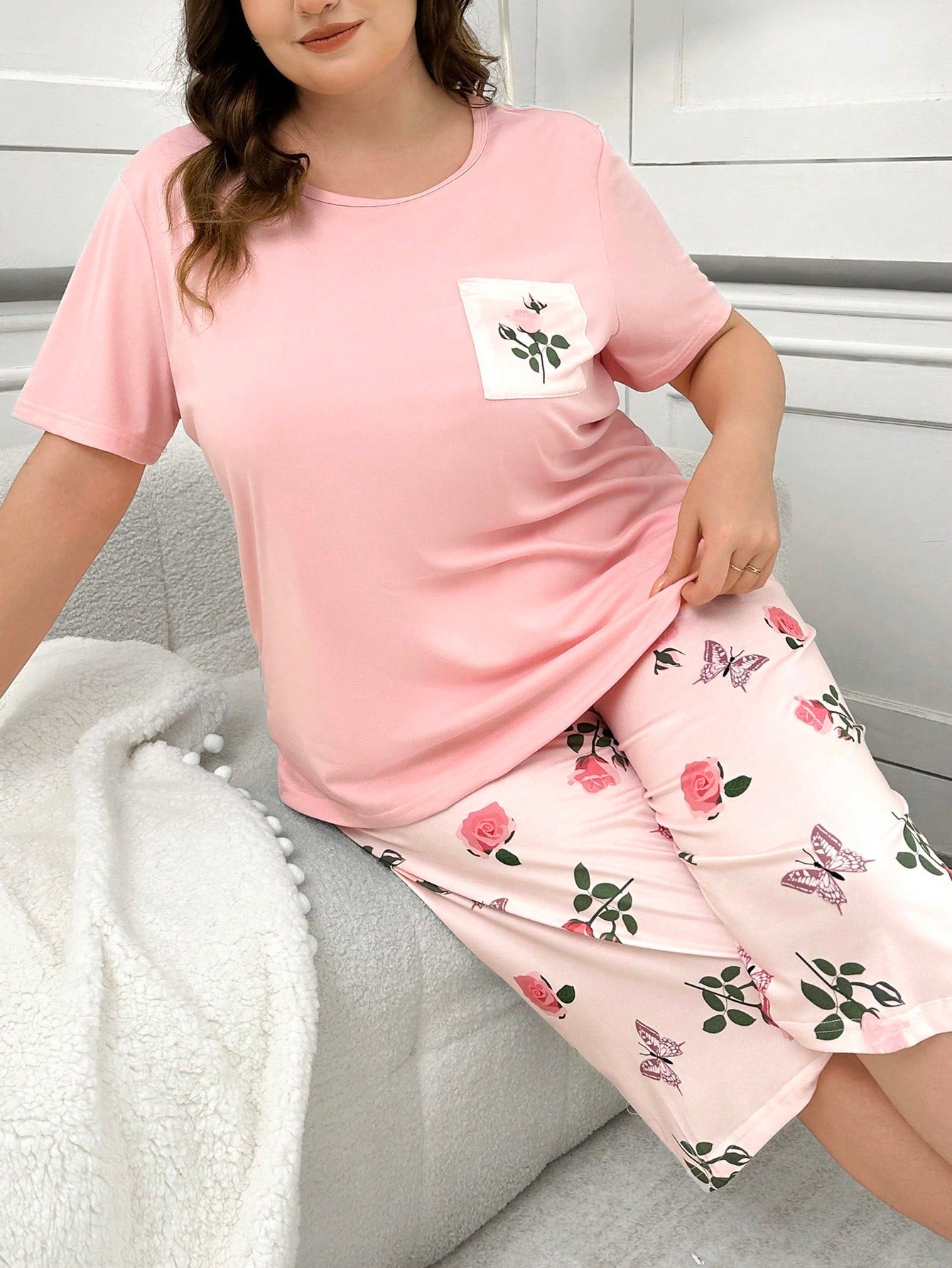 Plus Size Floral Print Short Sleeve Shorts Pajama Set