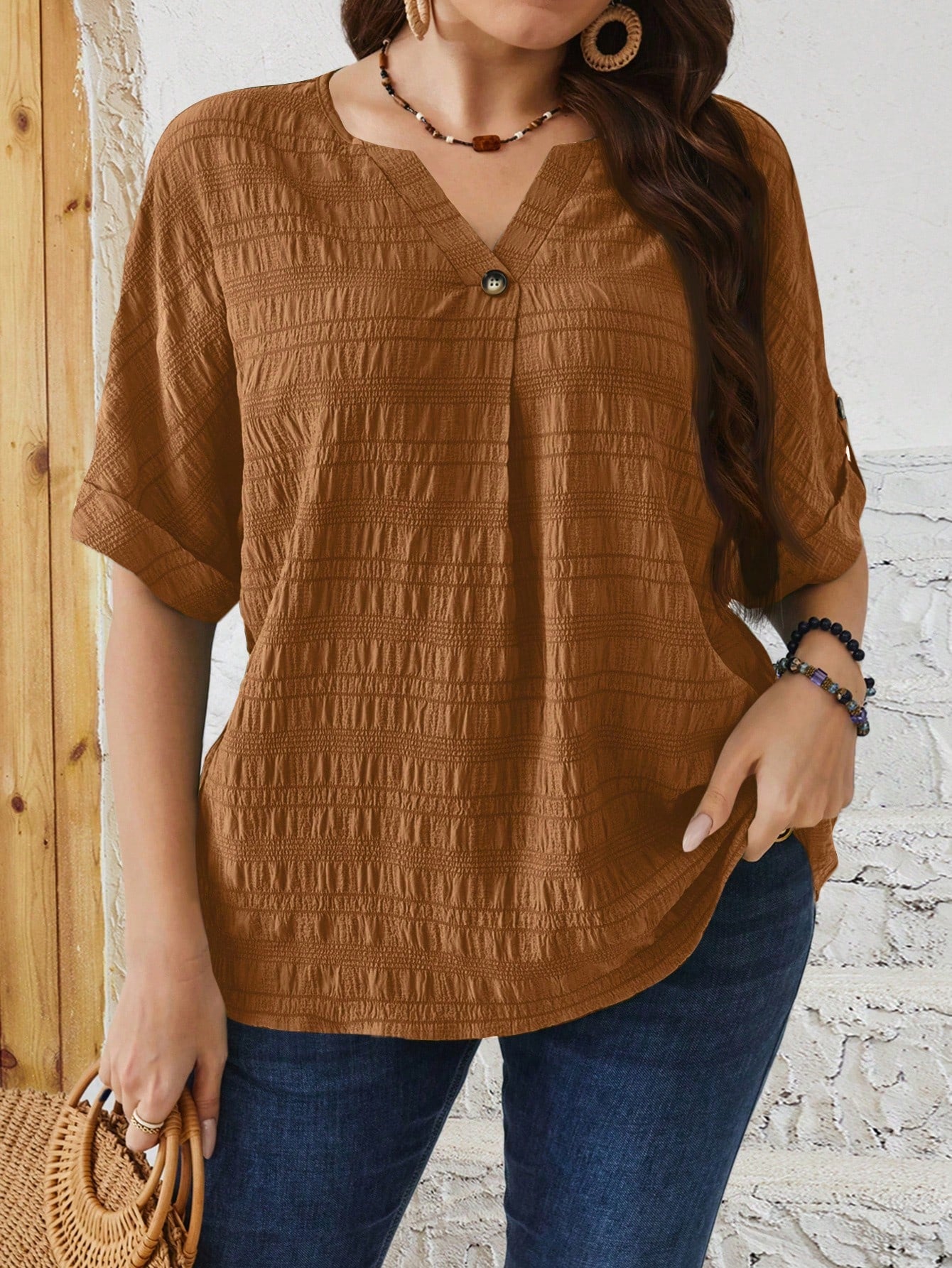 EMERY ROSE Plus Size Relaxed Fit Casual Button Down Shirt With Notched V-Neck And Batwing Sleeves