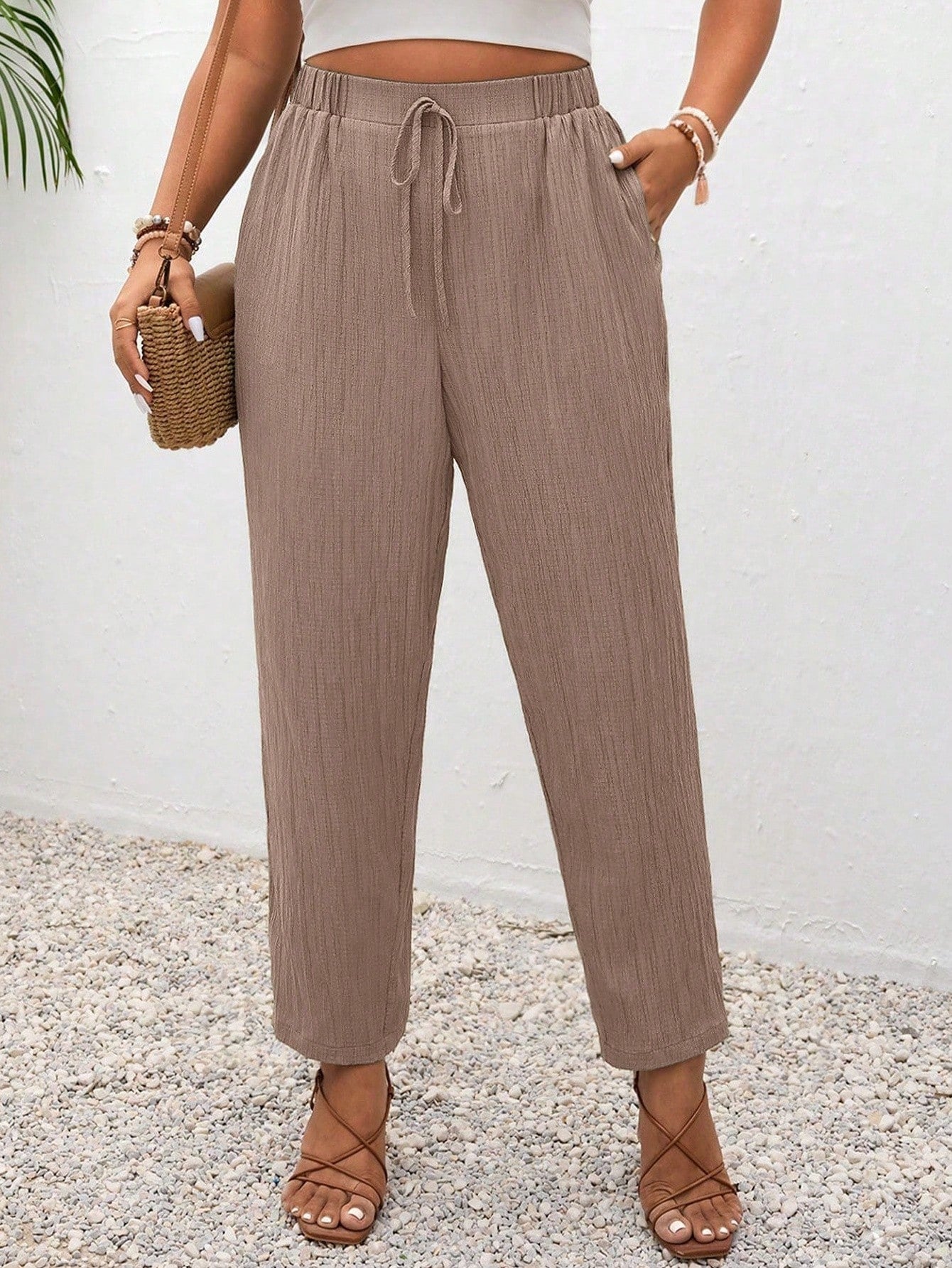 Frenchy Plus Size Vacation Solid Color Knotted Casual Pants With Pockets