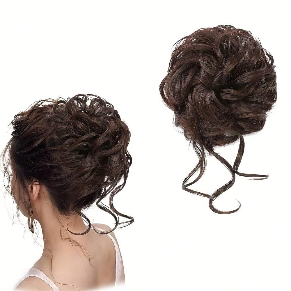 1pc Dark Brown Messy Bun Hair Piece Curly Hair Bun Scrunchie Tousled Updo Hair Extension With Elastic Hair Band For Women And Girls Daily Party Wedding Easy To Style