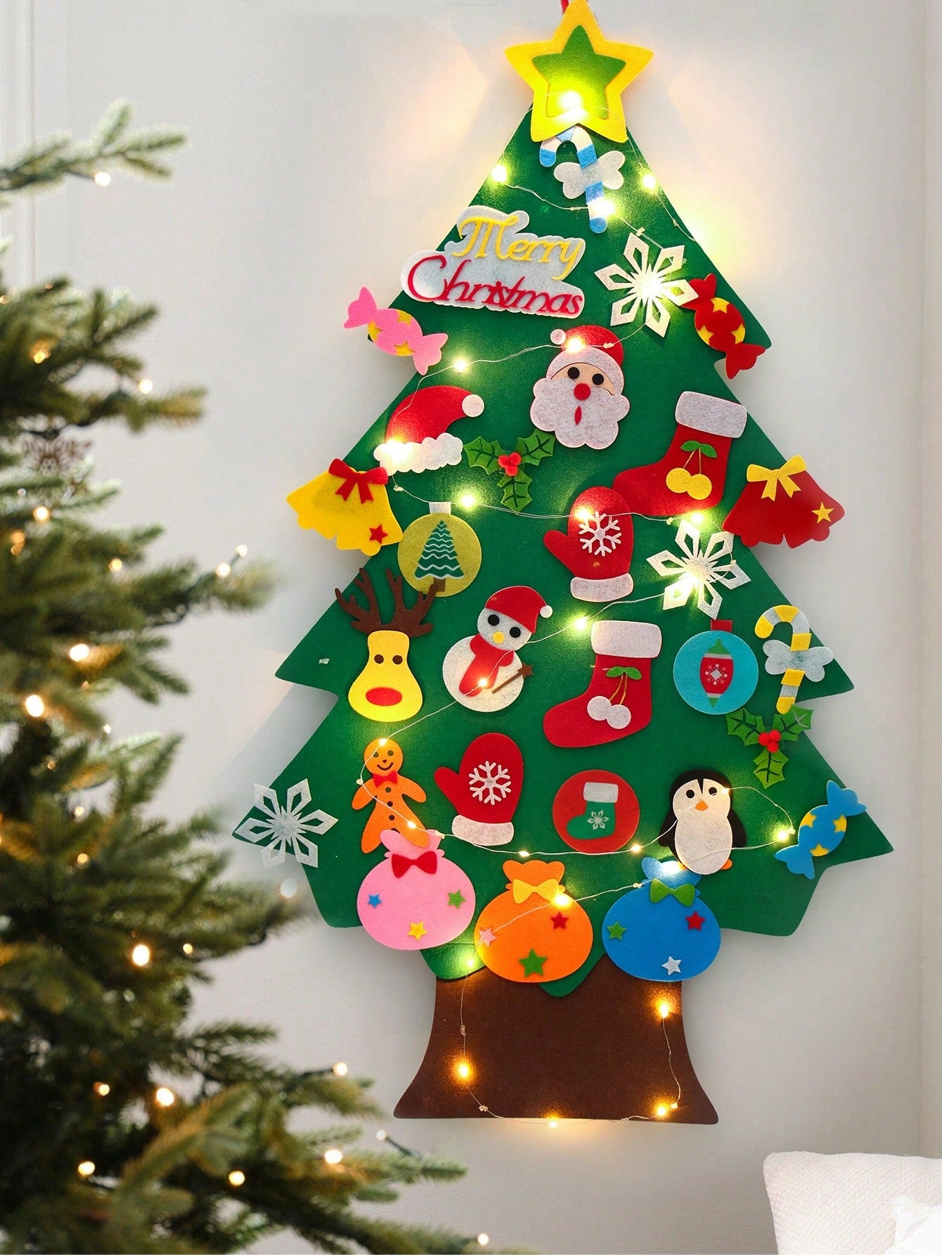 36pcs/Set DIY Felt Christmas Tree With Light, Xmas Party Decorations Perfect For Family Christmas Eve Party, Room Wall Decoration, 2024 Christmas Gifts, 2025 New Year Tree,Christmas