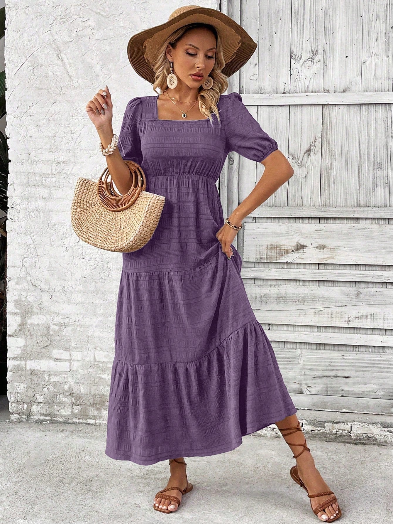 Holidaya Women's Vacation Casual Solid Color Puff Sleeve Dress