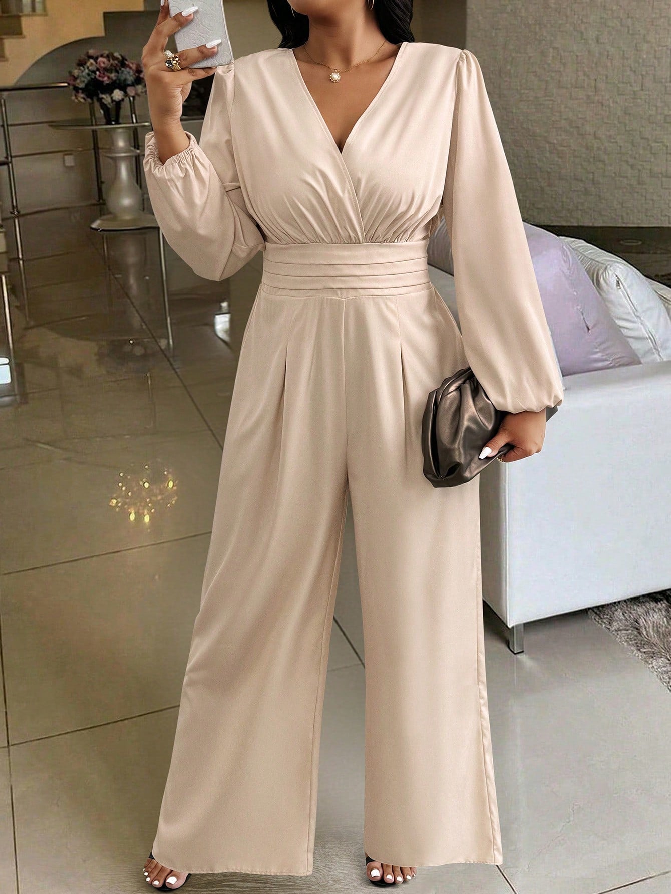 Privé Plus Size Solid V-Neck Long Sleeve Ruched Casual Jumpsuit