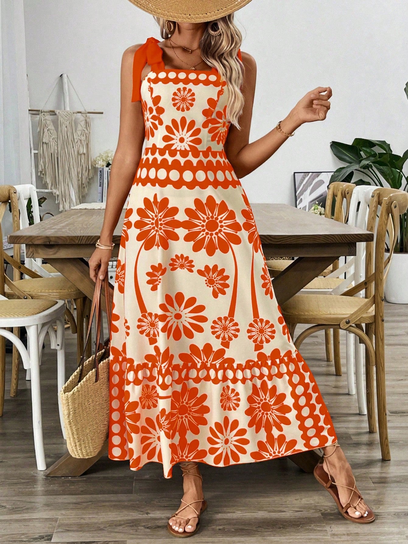 VCAY Vintage Print Laced Shoulder Cut-Out Waist Summer Maxi Dress